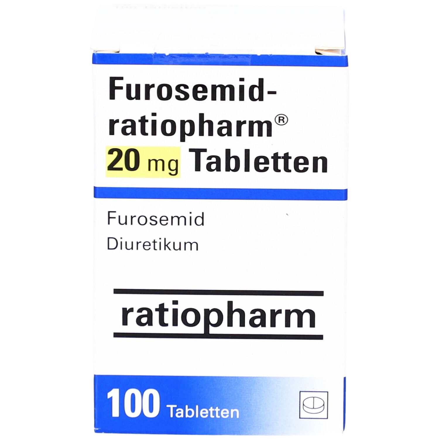 Tablettenschachtel 'Furosemid-ratiopharm 20 mg Tabletten'. Enthält 100 Tabletten. Marke ratiopharm. Diuretikum.