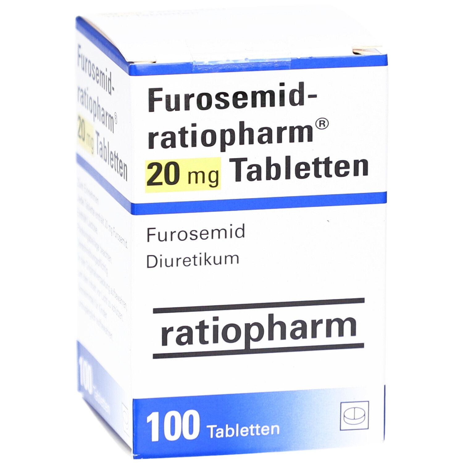 Tablettenschachtel 'Furosemid-ratiopharm 20 mg Tabletten'. Enthält 100 Tabletten. Marke ratiopharm. Diuretikum.