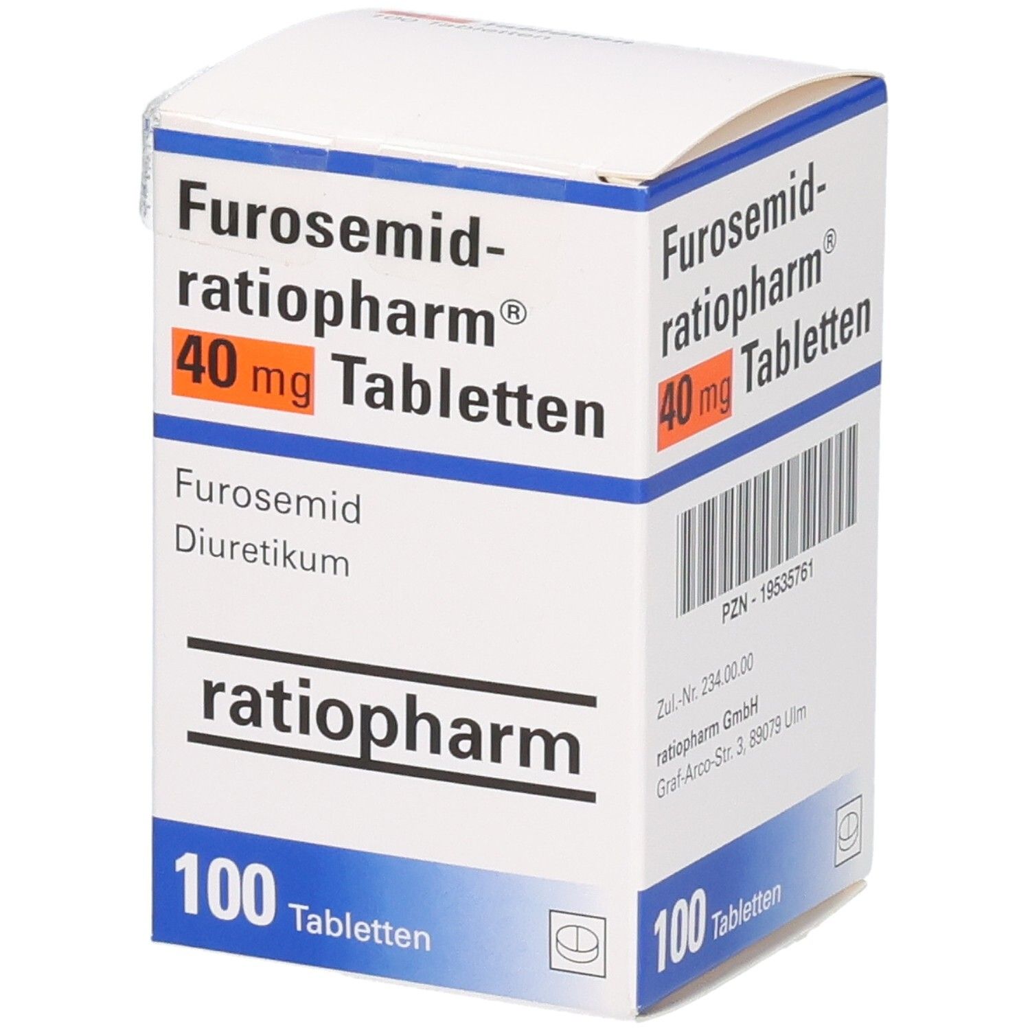 Packung FUROSEMID-ratiopharm 40 mg Tabletten, 100 Stück.