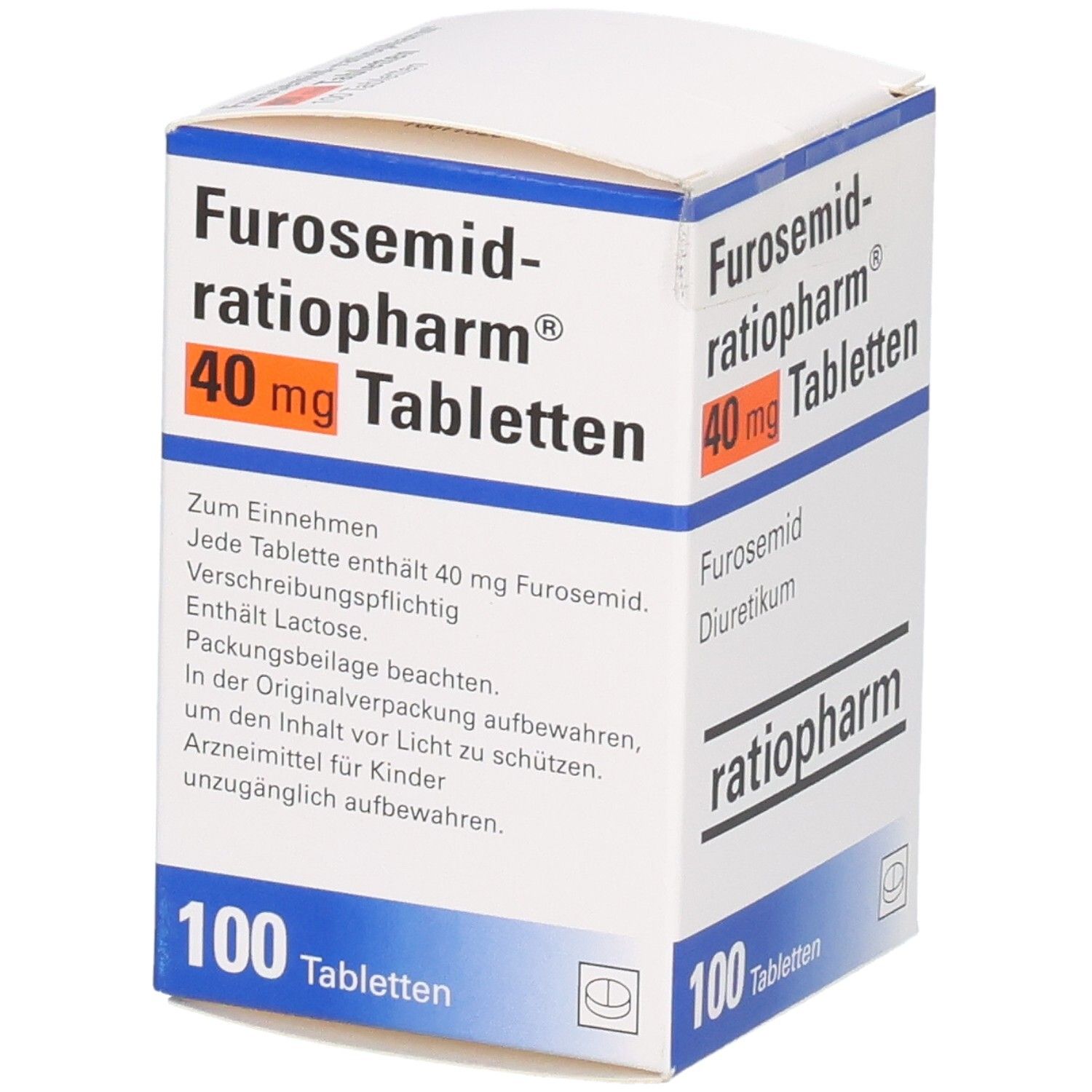 Packung FUROSEMID-ratiopharm 40 mg Tabletten, 100 Stück. Rückseite mit Einnahmeinformationen.