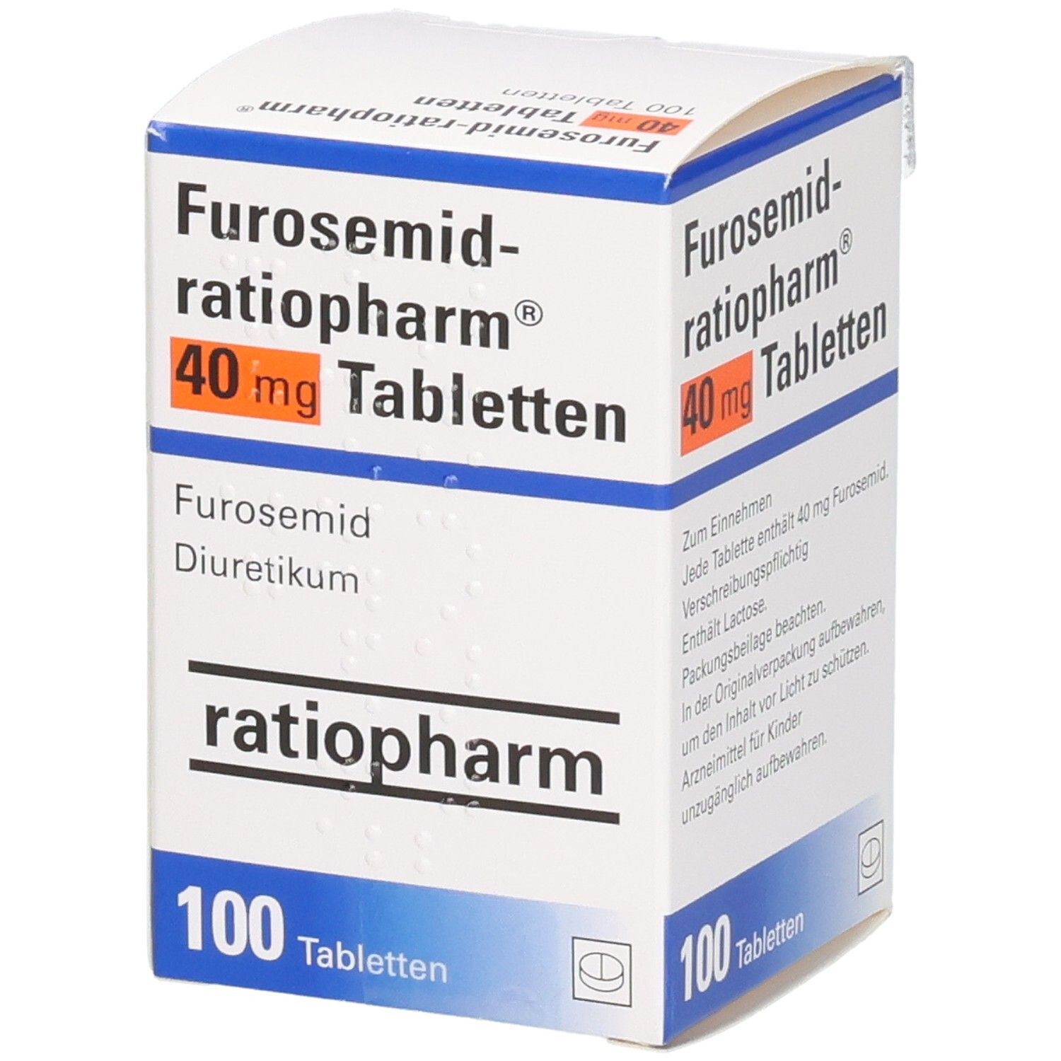 Packung FUROSEMID-ratiopharm 40 mg Tabletten, 100 Stück. Seitenansicht.
