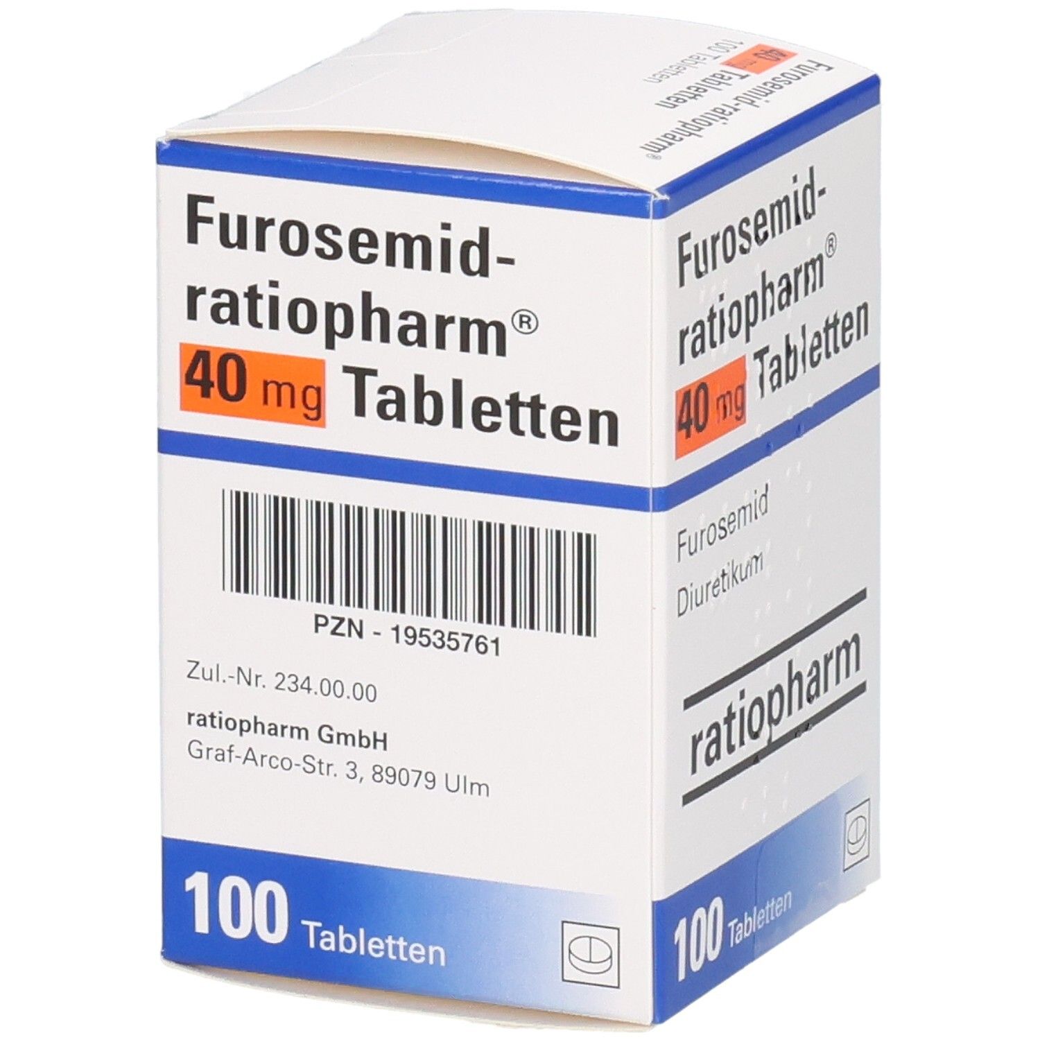 Packung FUROSEMID-ratiopharm 40 mg Tabletten, 100 Stück. Vorderseite mit Barcode und Herstellerangaben.