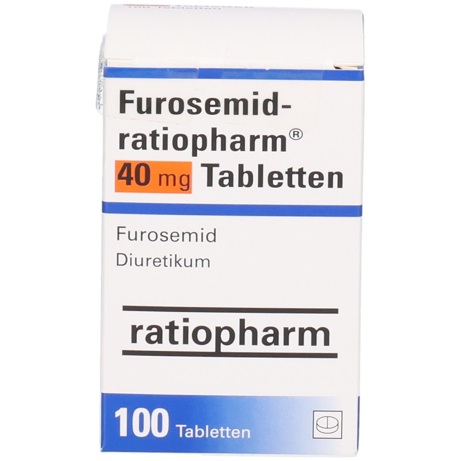Packung FUROSEMID-ratiopharm 40 mg Tabletten, 100 Stück. Vorderseite mit Produkt- und Markennamen.