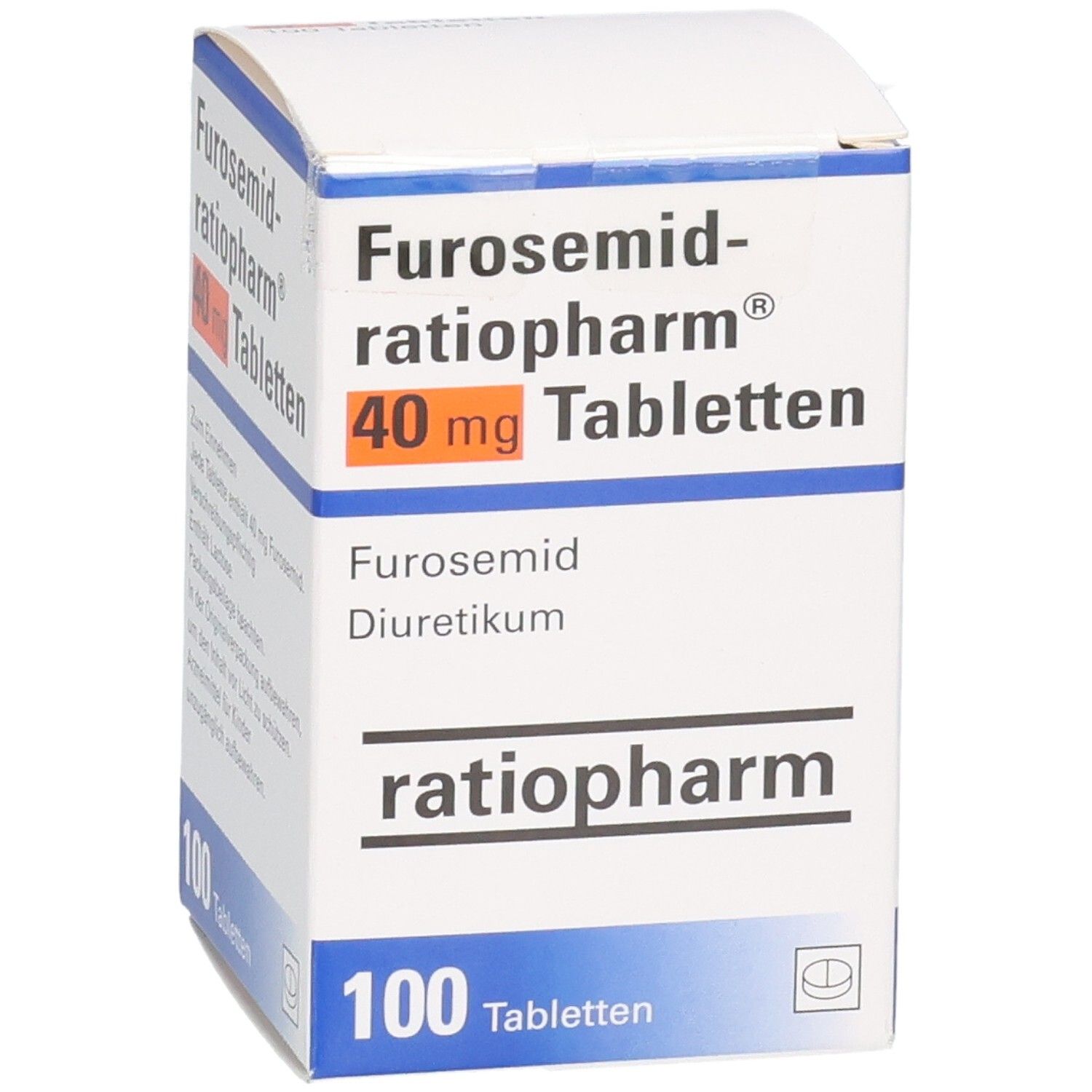 Packung FUROSEMID-ratiopharm 40 mg Tabletten, 100 Stück. Schrägansicht.