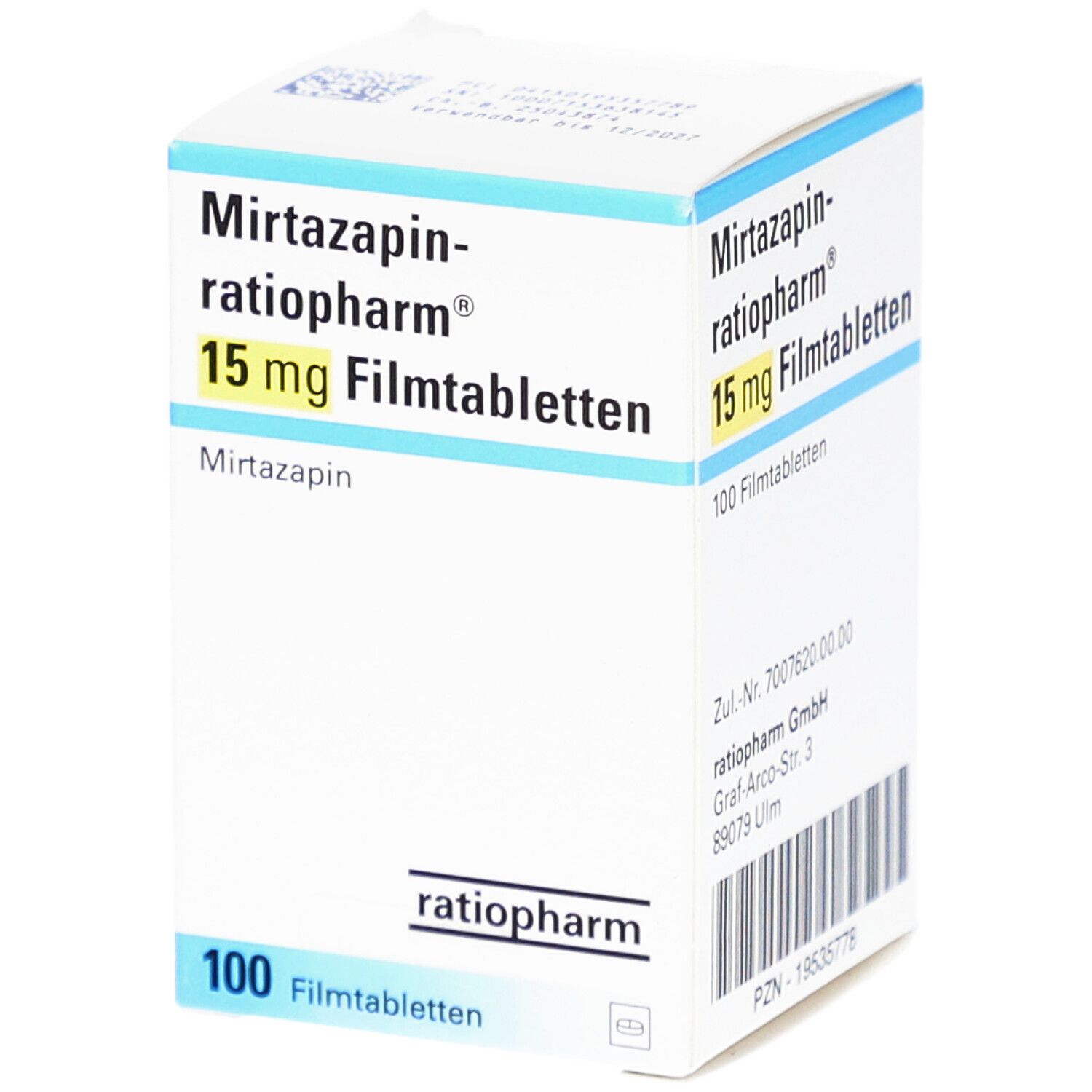 Schachtel mit "Mirtazapin-ratiopharm 15 mg Filmtabletten". 100 Filmtabletten. Marke ratiopharm. Weiße Verpackung mit blauer und gelber Schrift.