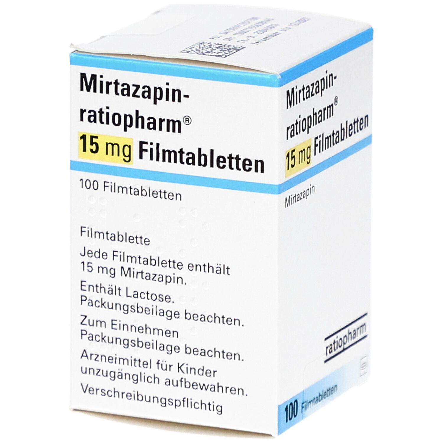Schachtel "Mirtazapin-ratiopharm 15 mg Filmtabletten". 100 Filmtabletten. Text: "Jede Filmtablette enthält 15 mg Mirtazapin". Marke ratiopharm.