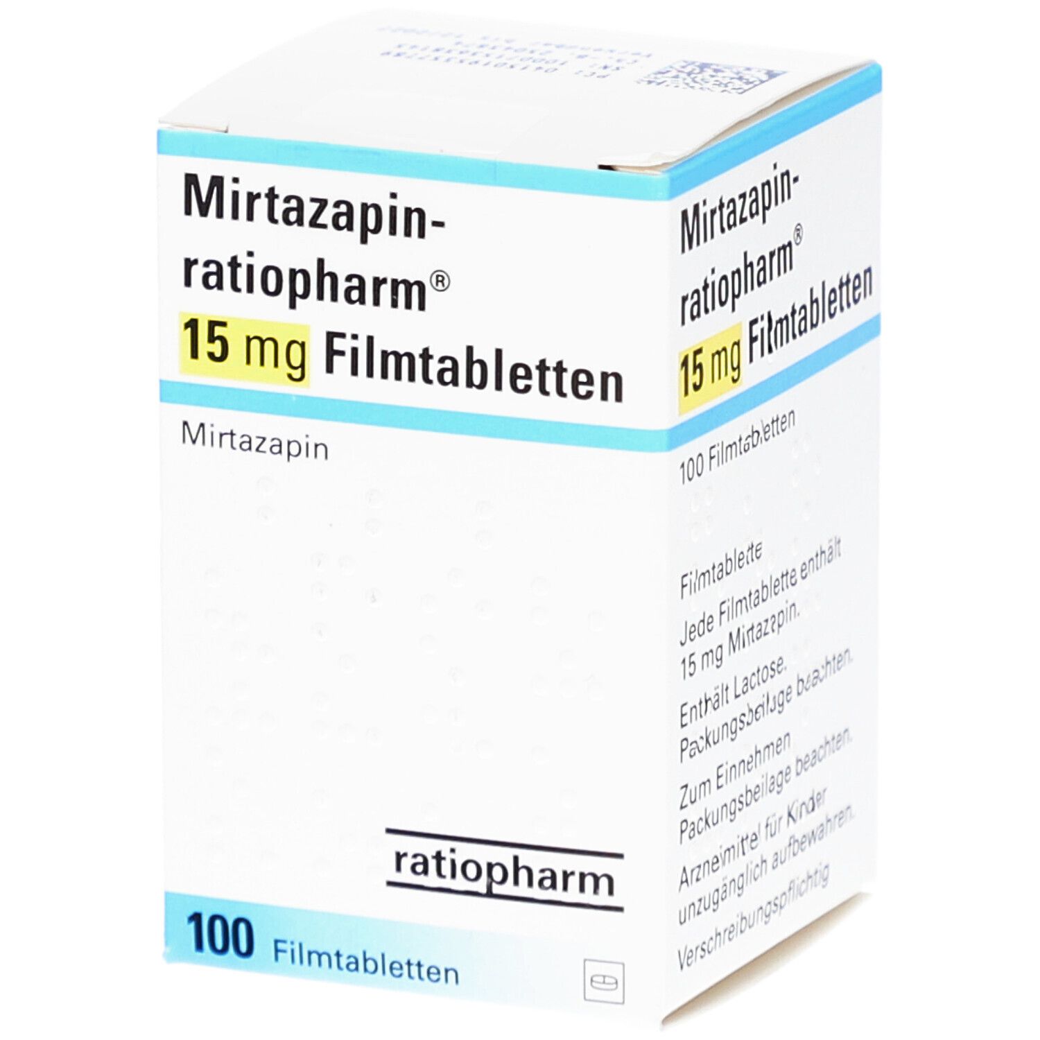 Schachtel "Mirtazapin-ratiopharm 15 mg Filmtabletten". 100 Filmtabletten. Marke ratiopharm. Weiße Verpackung mit blauer und gelber Schrift.