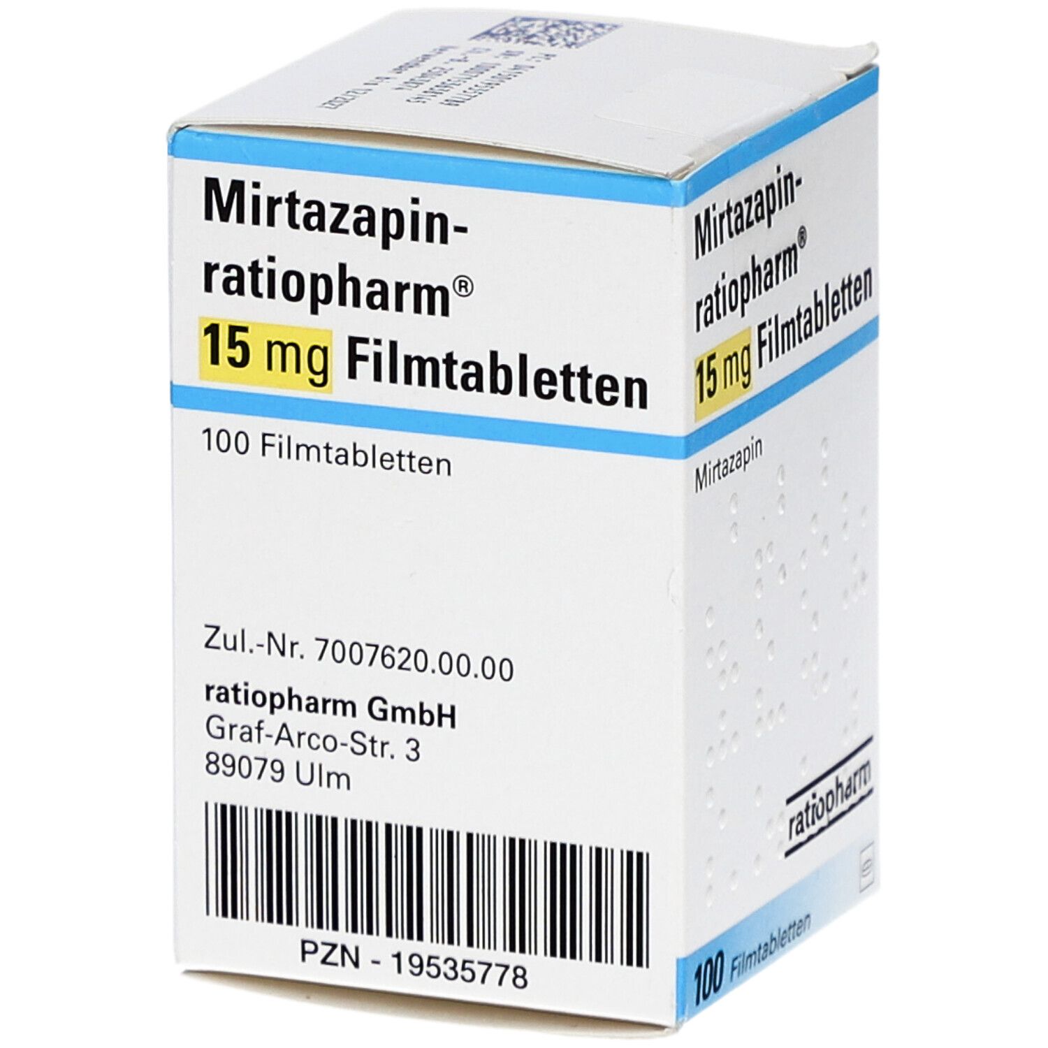 Schachtel "Mirtazapin-ratiopharm 15 mg Filmtabletten". 100 Filmtabletten. Marke ratiopharm. Weiße Verpackung mit blauer und gelber Schrift.