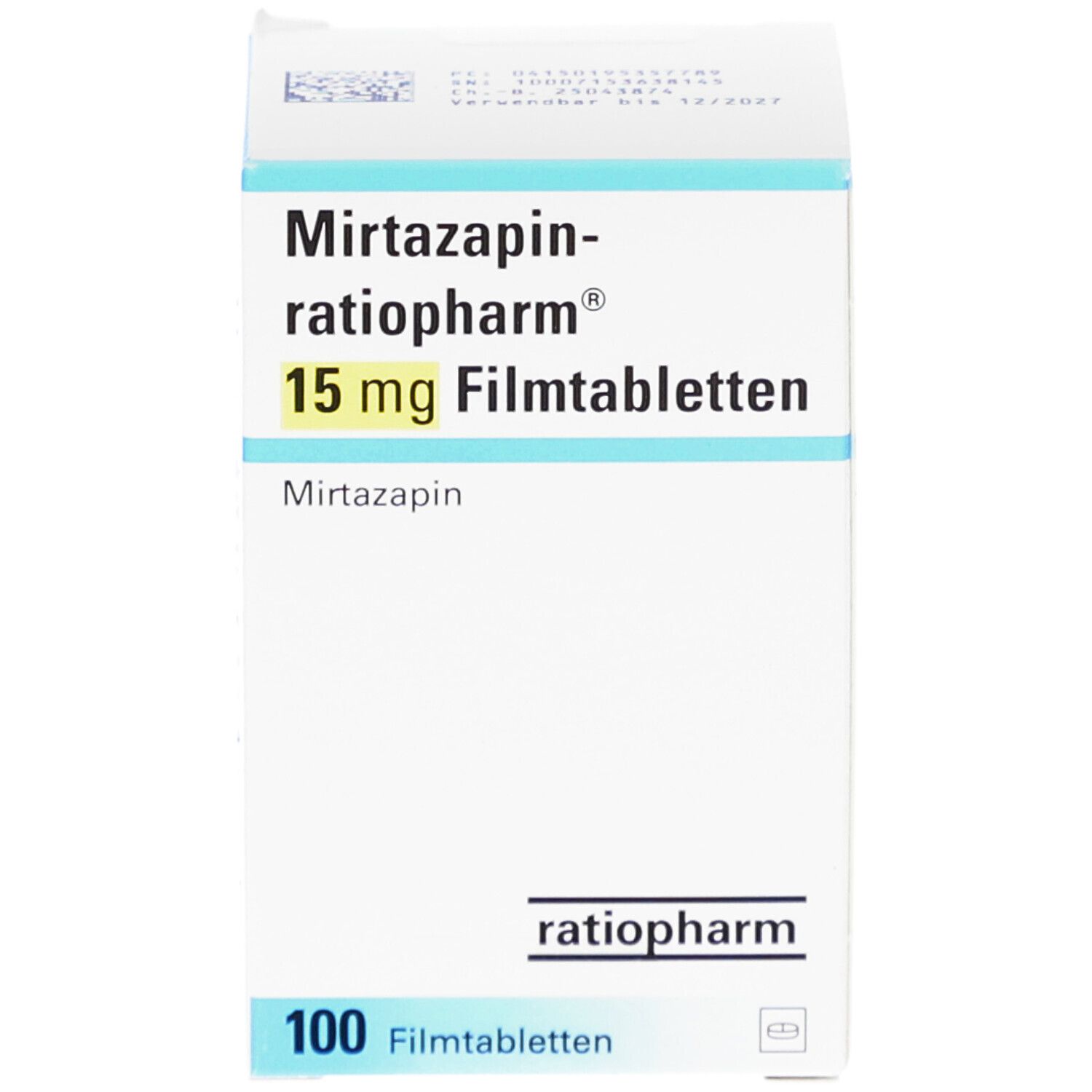 Schachtel "Mirtazapin-ratiopharm 15 mg Filmtabletten". 100 Filmtabletten. Marke ratiopharm. Weiße Verpackung mit blauer und gelber Schrift.