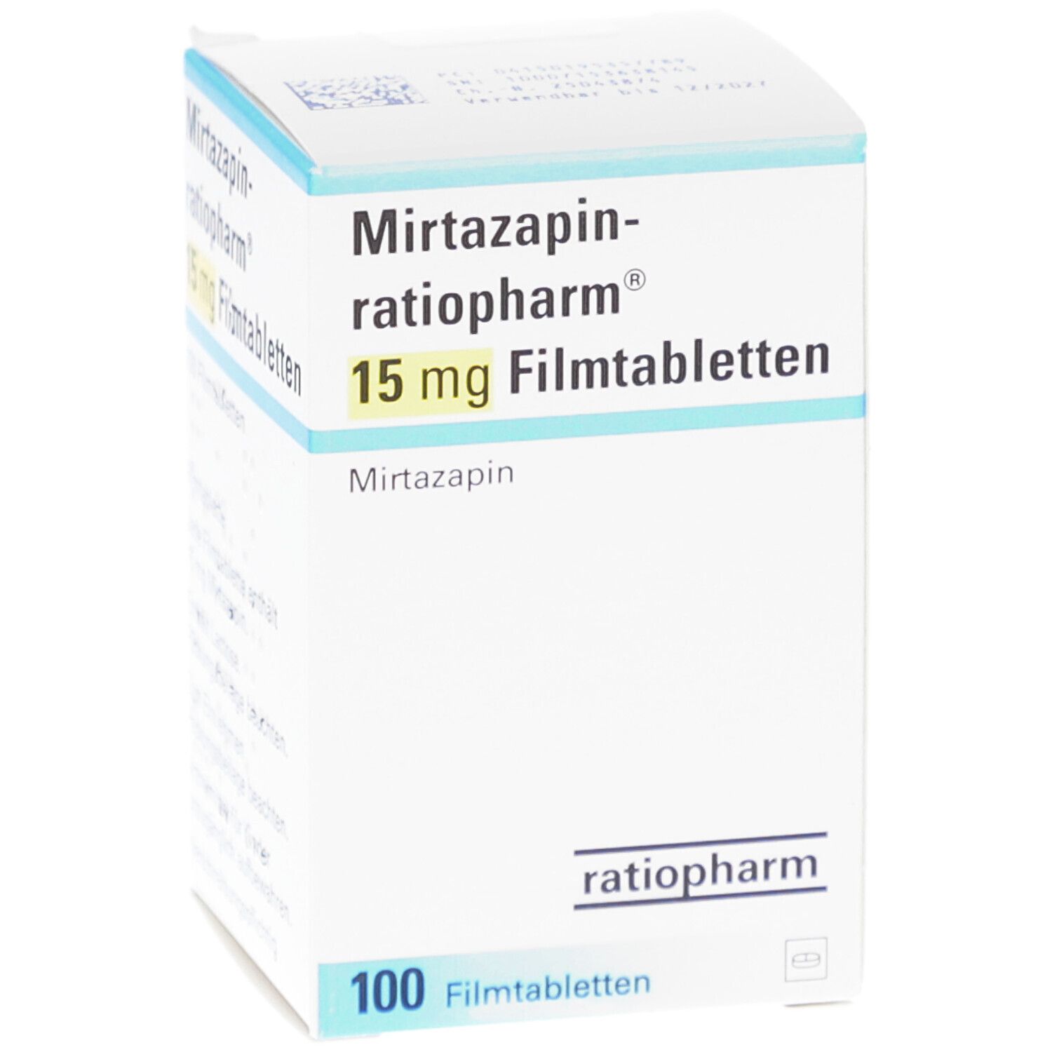 Schachtel "Mirtazapin-ratiopharm 15 mg Filmtabletten". 100 Filmtabletten. Marke ratiopharm. Weiße Verpackung mit blauer und gelber Schrift.