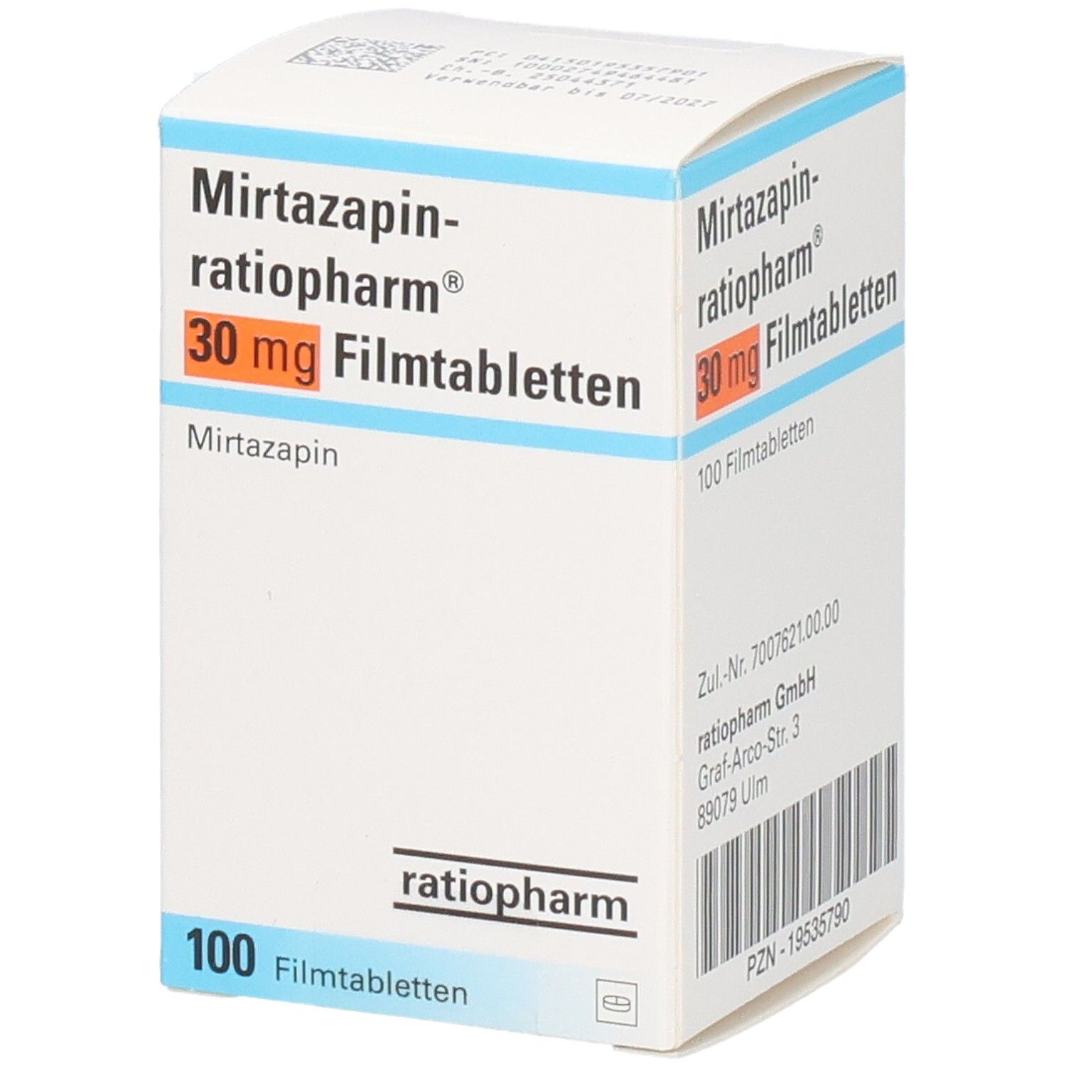 Schachtel mit MIRTAZAPIN-ratiopharm 30 mg Filmtabletten. Aufschrift: 30 mg Filmtabletten, 100 Filmtabletten. Logo ratiopharm.