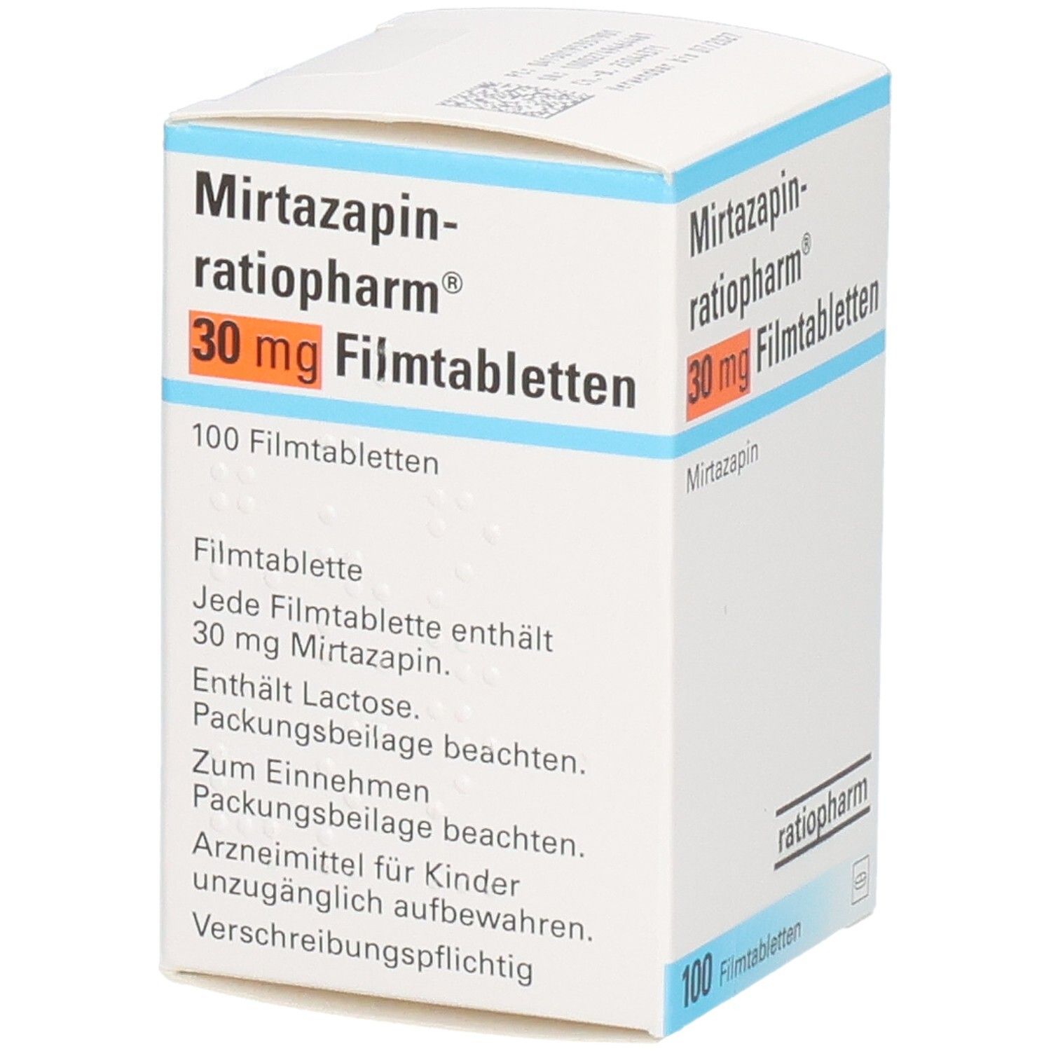 Schachtel MIRTAZAPIN-ratiopharm 30 mg Filmtabletten. Aufschrift: 30 mg Filmtabletten, 100 Filmtabletten. Text über Inhaltsstoffe. Logo ratiopharm.