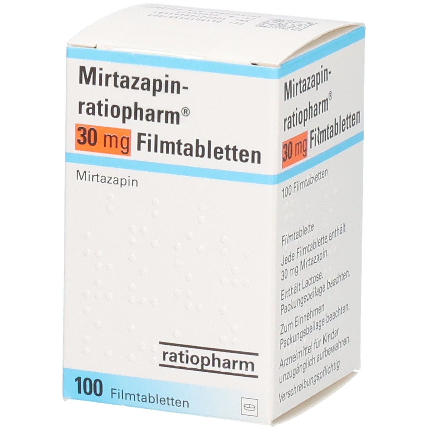 Schachtel MIRTAZAPIN-ratiopharm 30 mg Filmtabletten. Aufschrift: 30 mg Filmtabletten, 100 Filmtabletten. Text über Inhaltsstoffe. Logo ratiopharm.