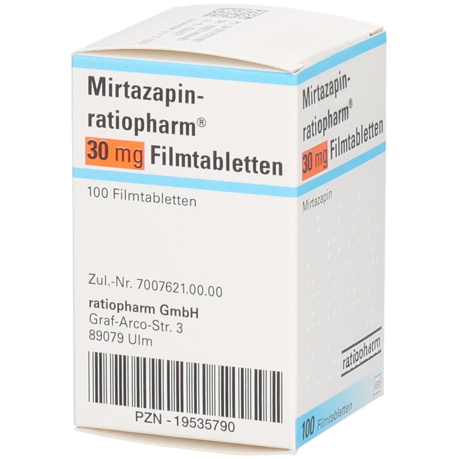 Schachtel MIRTAZAPIN-ratiopharm 30 mg Filmtabletten. Aufschrift: 30 mg Filmtabletten, 100 Filmtabletten. Zul.-Nr. und PZN. Logo ratiopharm.