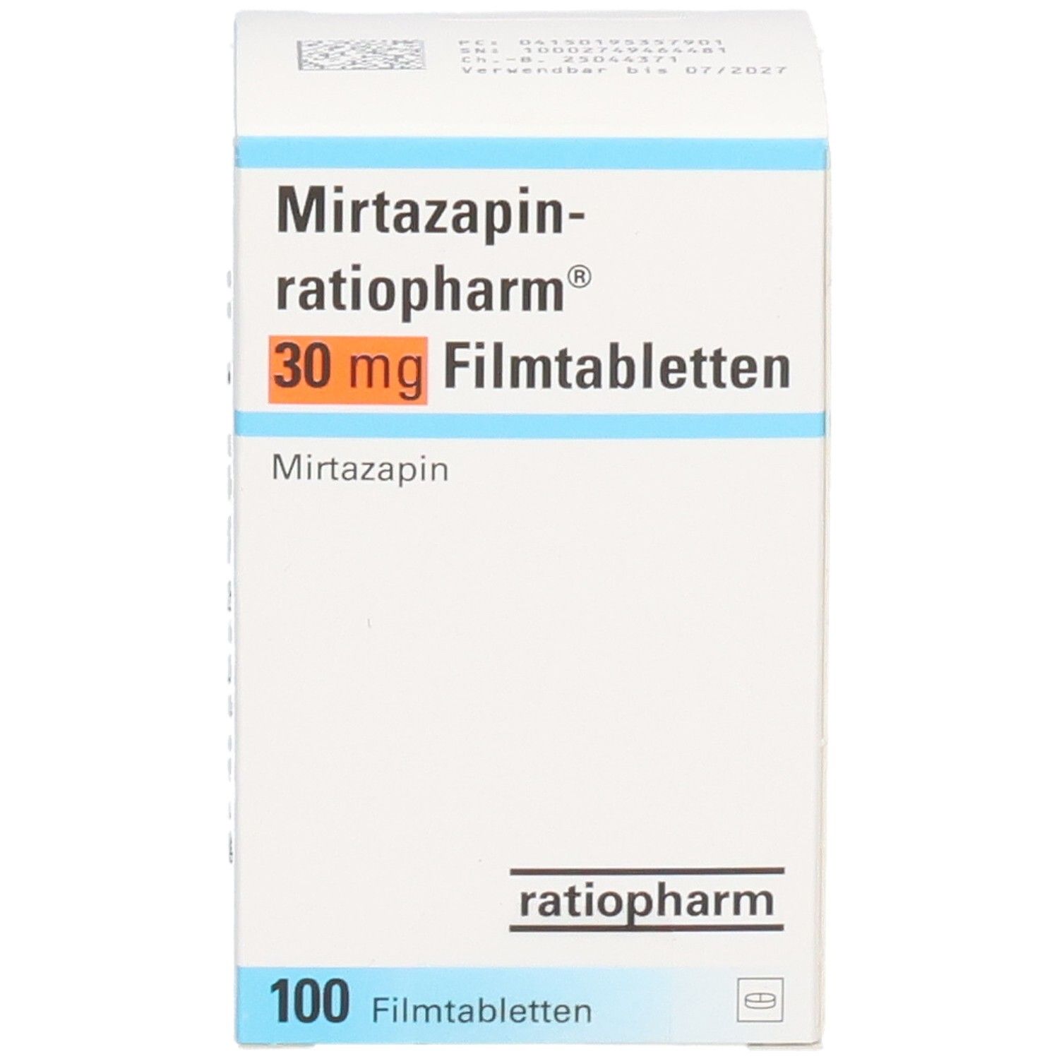 Schachtel MIRTAZAPIN-ratiopharm 30 mg Filmtabletten. Aufschrift: 30 mg Filmtabletten, 100 Filmtabletten. Logo ratiopharm.
