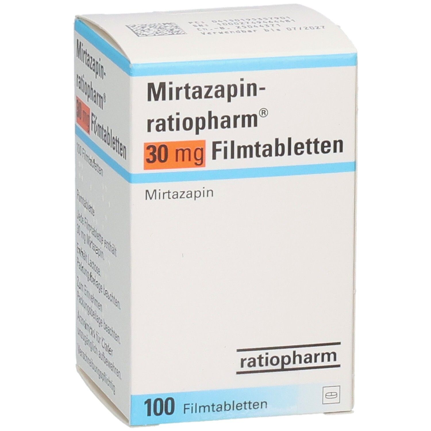 Schachtel MIRTAZAPIN-ratiopharm 30 mg Filmtabletten. Aufschrift: 30 mg Filmtabletten, 100 Filmtabletten. Logo ratiopharm.