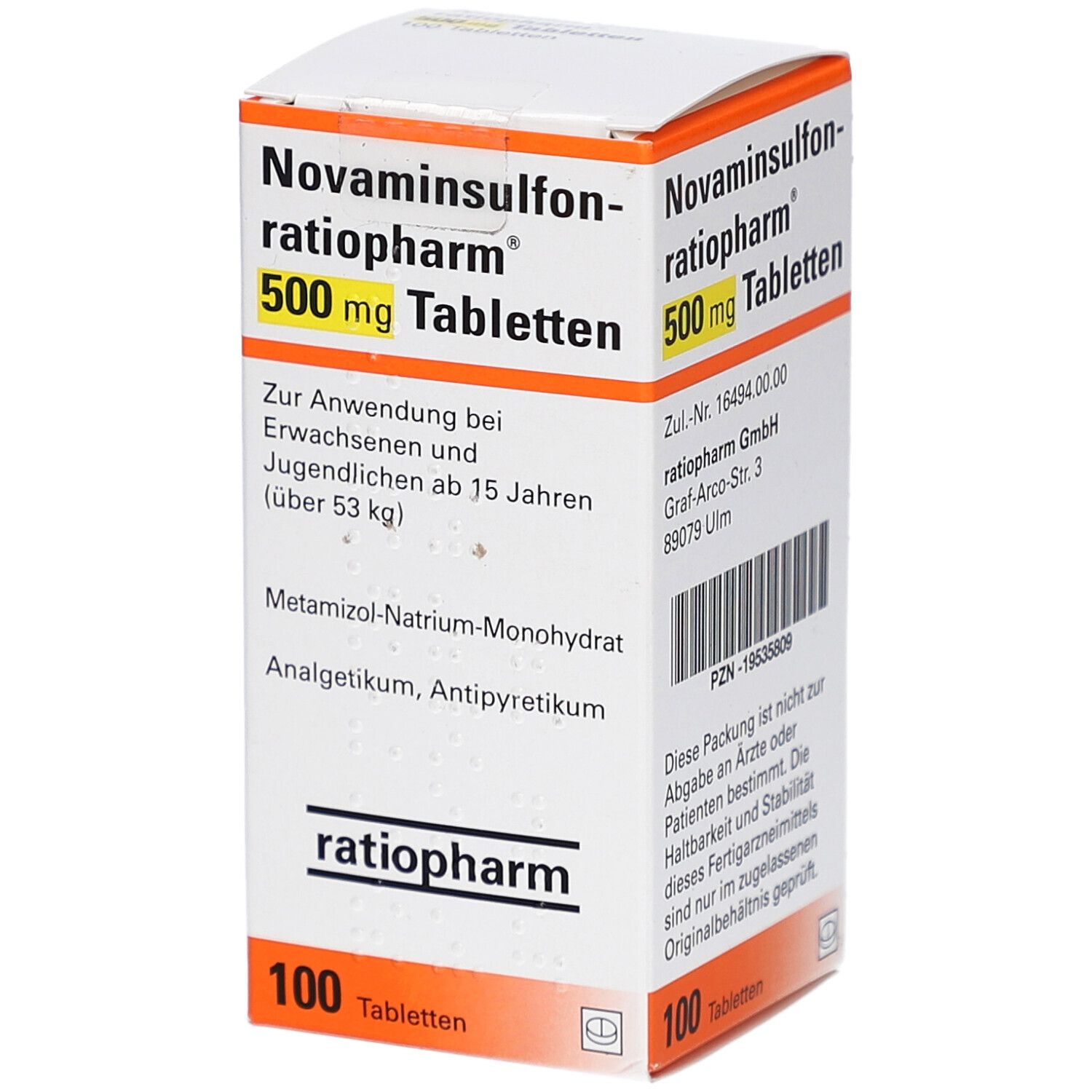 Schachtel mit Tabletten. Aufschrift: Novaminsulfon-ratiopharm 500 mg Tabletten. 100 Tabletten. ratiopharm Logo.