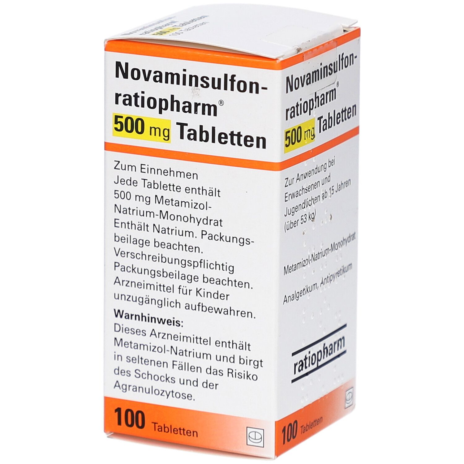 Schachtel mit Tabletten. Aufschrift: Novaminsulfon-ratiopharm 500 mg Tabletten. 100 Tabletten. ratiopharm Logo.