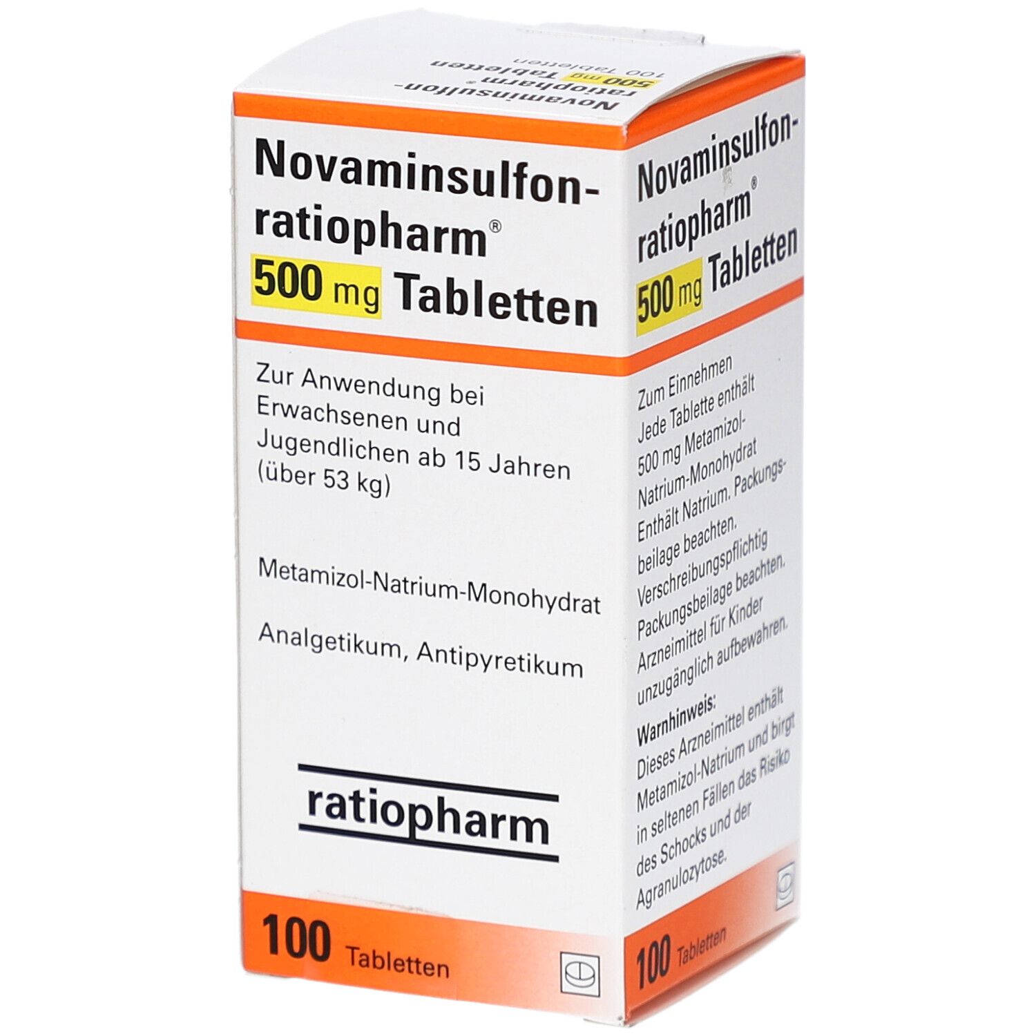 Schachtel mit Tabletten. Aufschrift: Novaminsulfon-ratiopharm 500 mg Tabletten. 100 Tabletten. ratiopharm Logo.