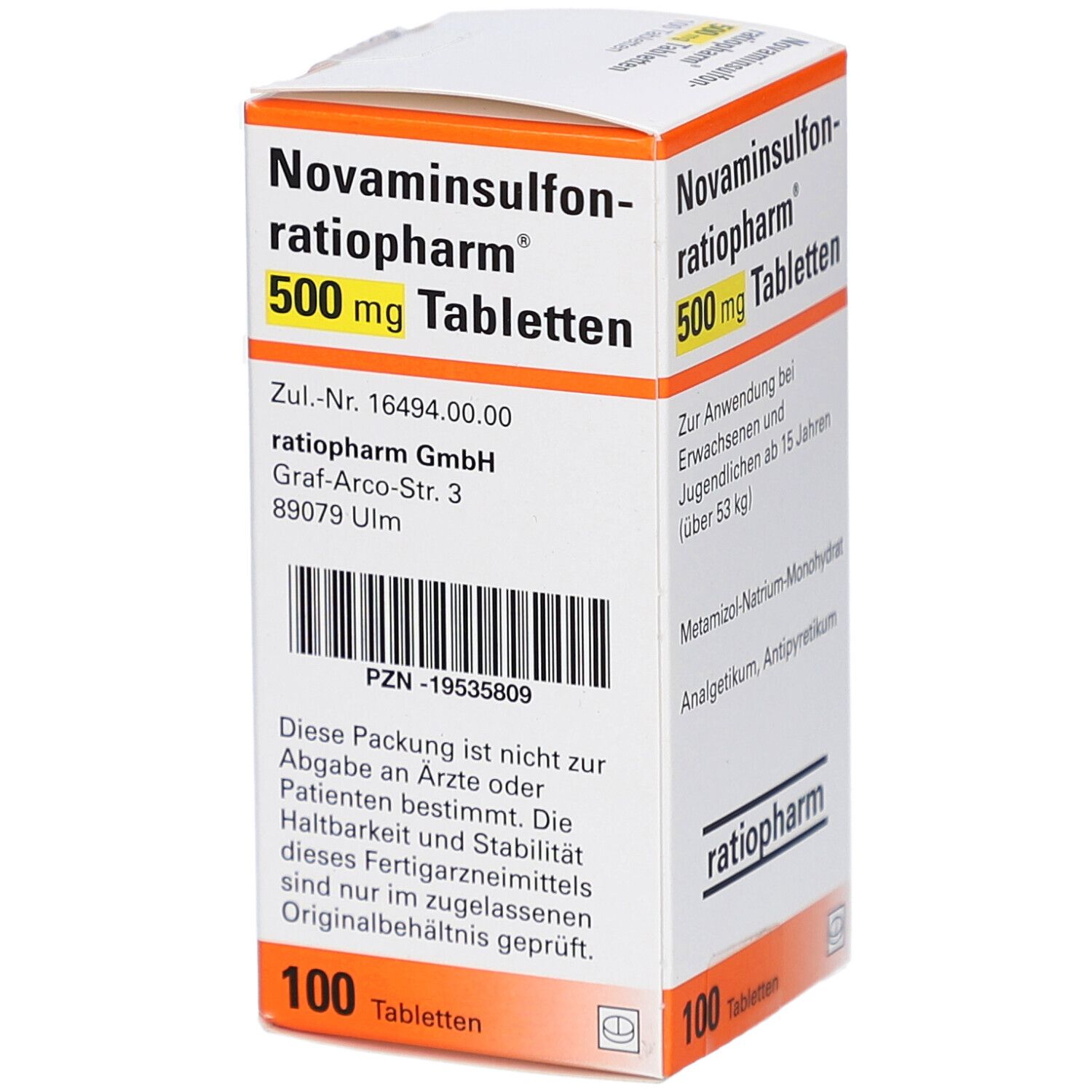 Schachtel mit Tabletten. Aufschrift: Novaminsulfon-ratiopharm 500 mg Tabletten. 100 Tabletten. ratiopharm Logo.