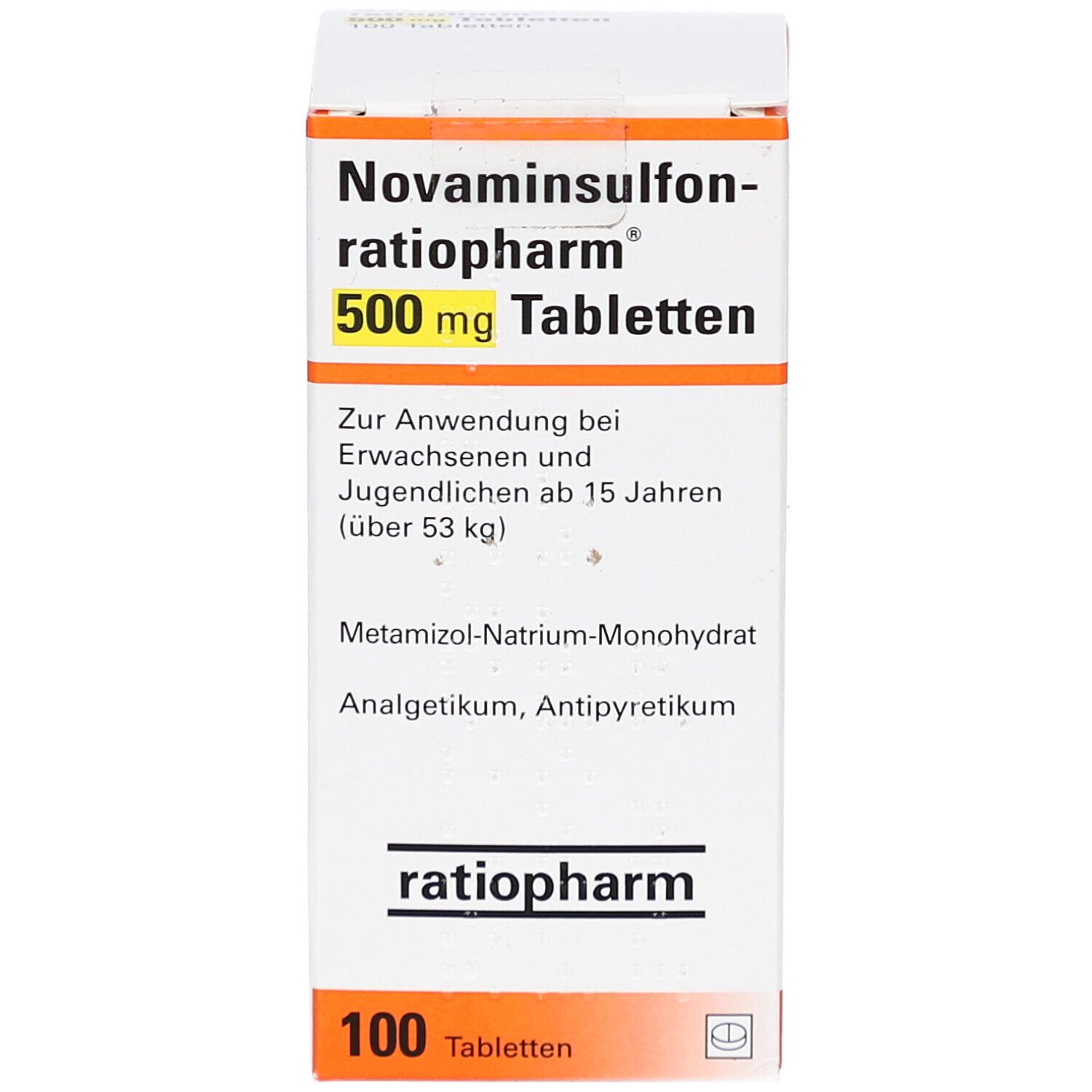 Schachtel mit Tabletten. Aufschrift: Novaminsulfon-ratiopharm 500 mg Tabletten. 100 Tabletten. ratiopharm Logo.