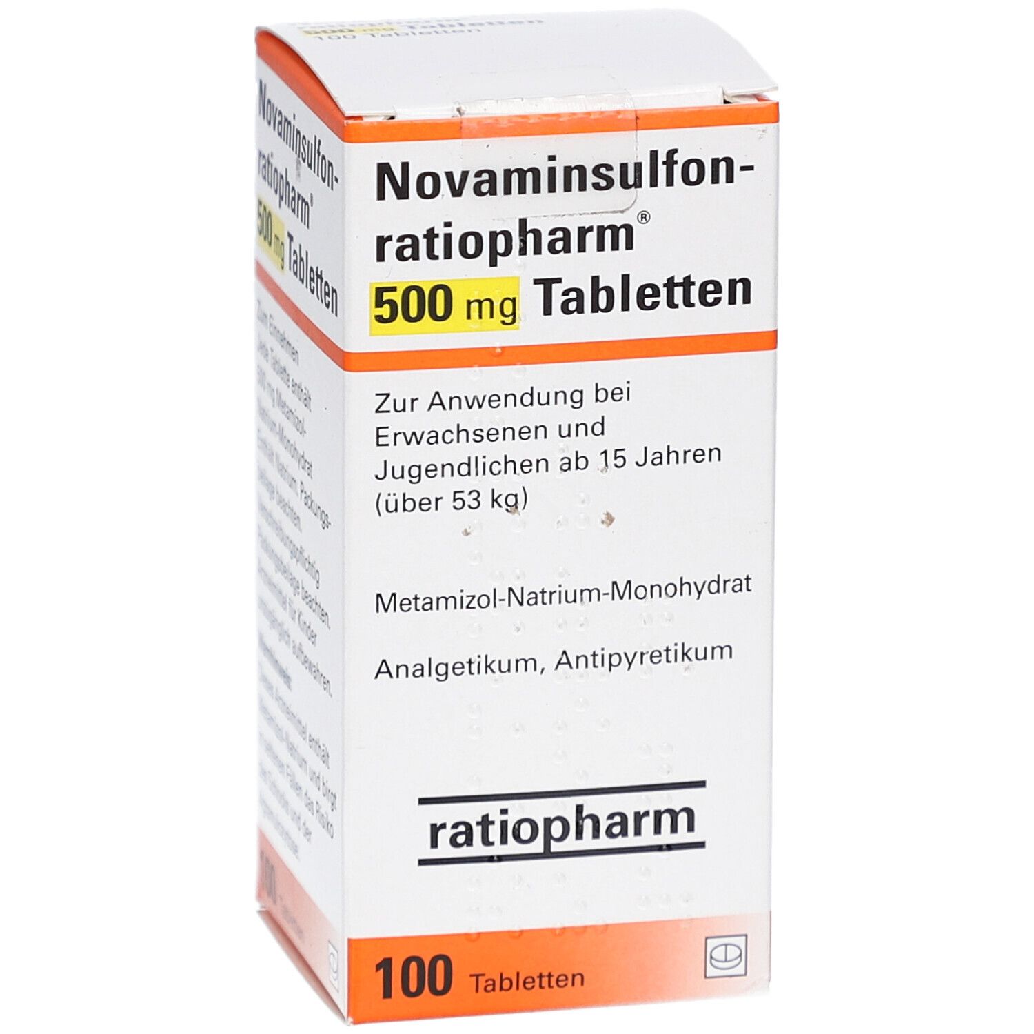 Schachtel mit Tabletten. Aufschrift: Novaminsulfon-ratiopharm 500 mg Tabletten. 100 Tabletten. ratiopharm Logo.