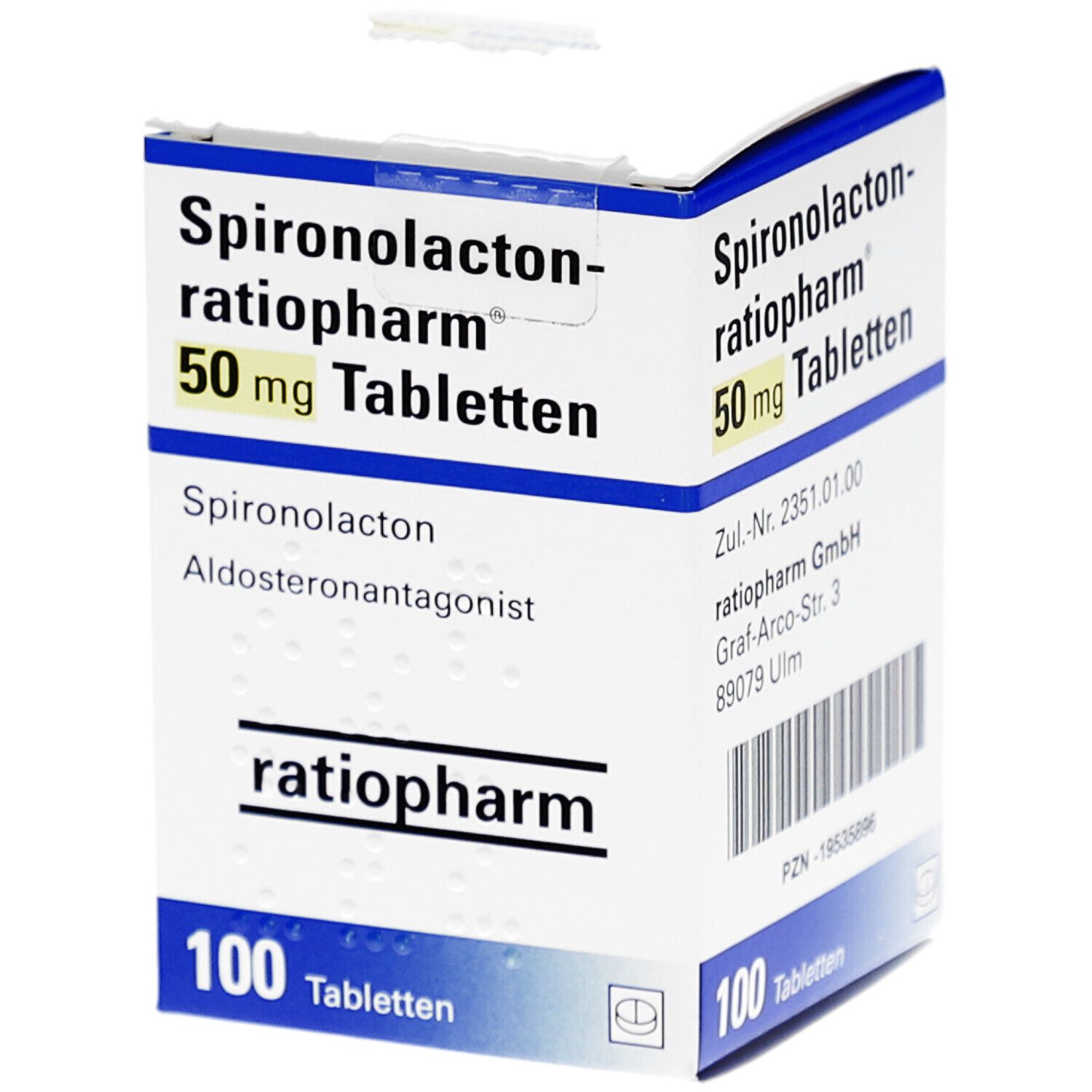 Tablettenschachtel mit Aufschrift 'Spironolacton-ratiopharm 50 mg Tabletten'. Enthält 100 Tabletten. Marke ratiopharm.