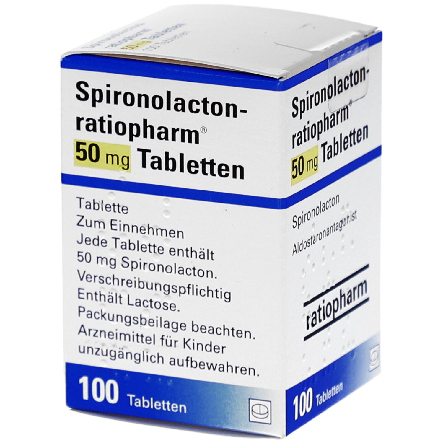 Tablettenschachtel mit Text: 'Spironolacton-ratiopharm 50 mg Tabletten'. Enthält 100 Tabletten. Marke ratiopharm. Text in Deutsch.