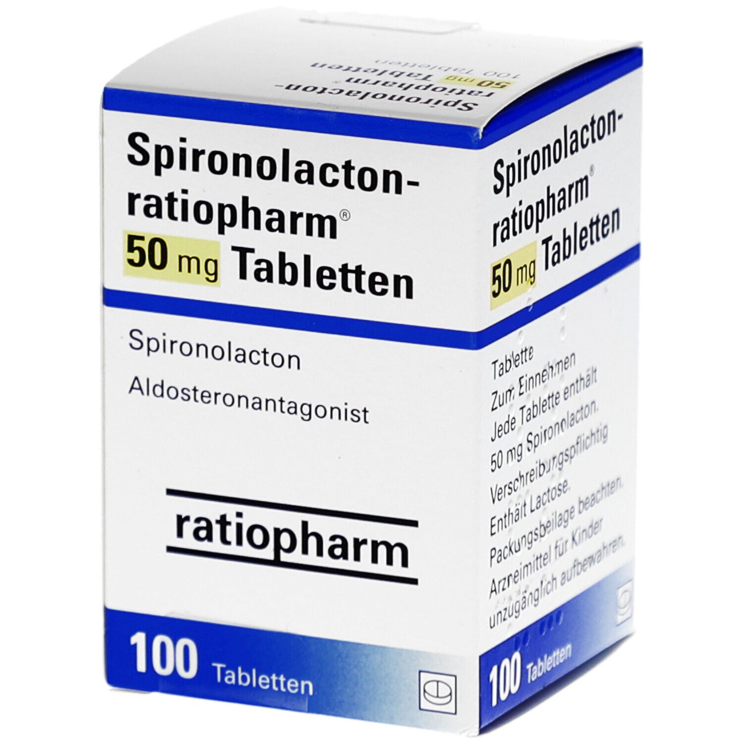 Tablettenschachtel mit Aufschrift 'Spironolacton-ratiopharm 50 mg Tabletten'. Enthält 100 Tabletten. Marke ratiopharm. Text in Deutsch.