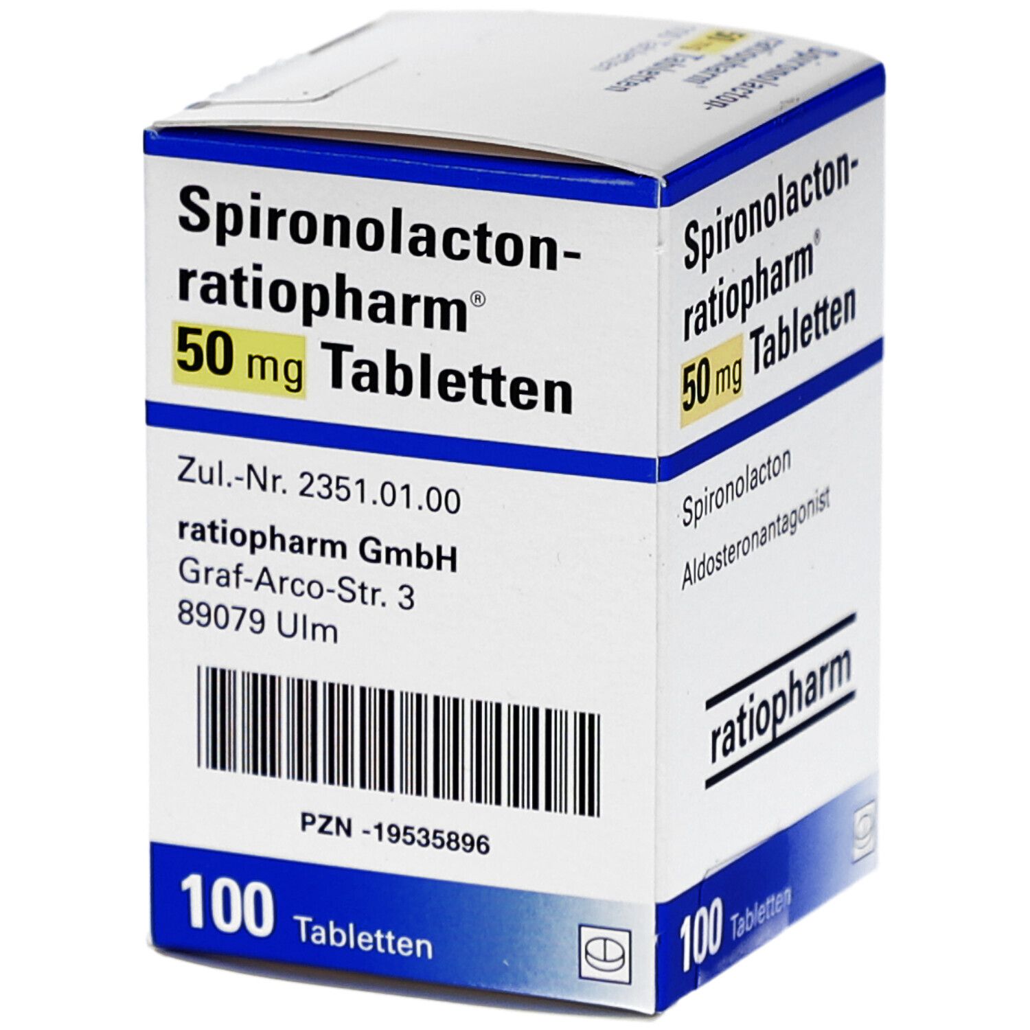 Tablettenschachtel mit Aufschrift 'Spironolacton-ratiopharm 50 mg Tabletten'. Enthält 100 Tabletten. Marke ratiopharm. Details.
