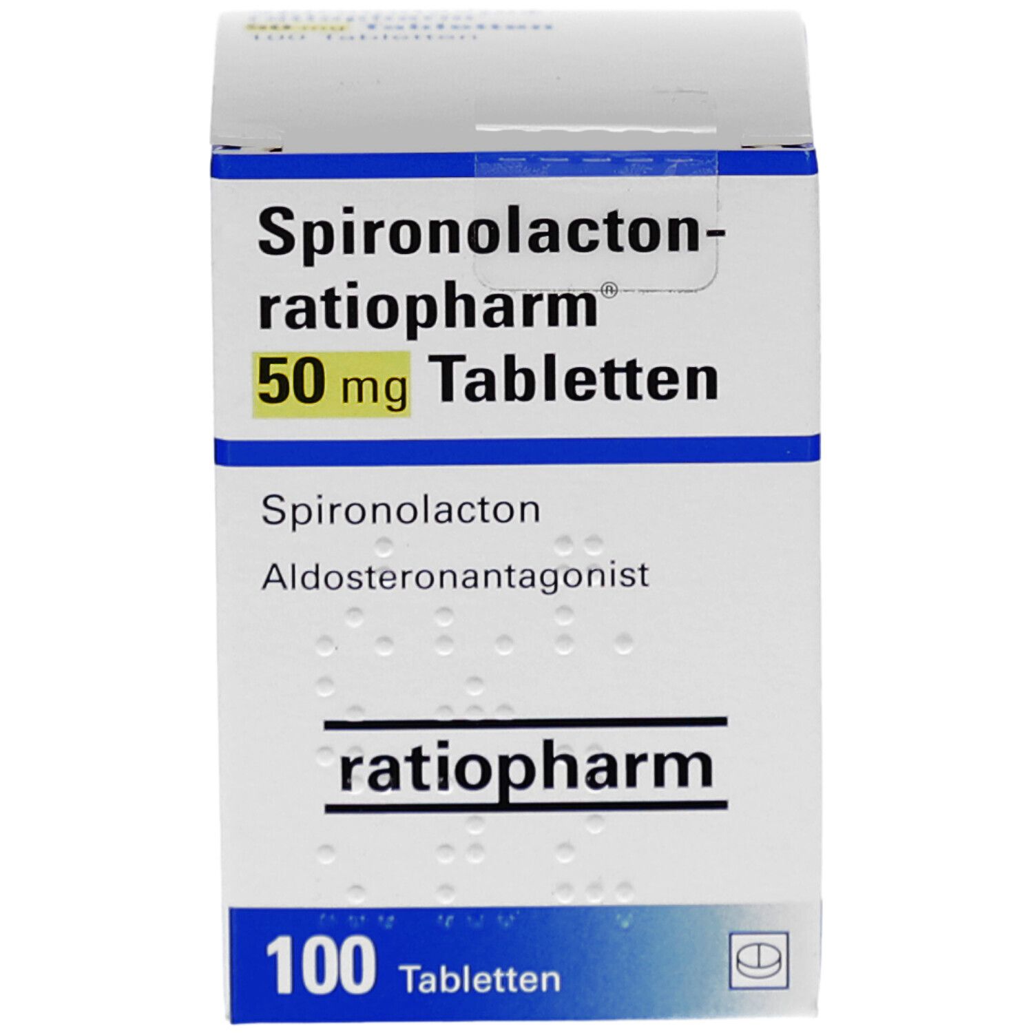 Tablettenschachtel mit Aufschrift 'Spironolacton-ratiopharm 50 mg Tabletten'. Enthält 100 Tabletten. Marke ratiopharm.