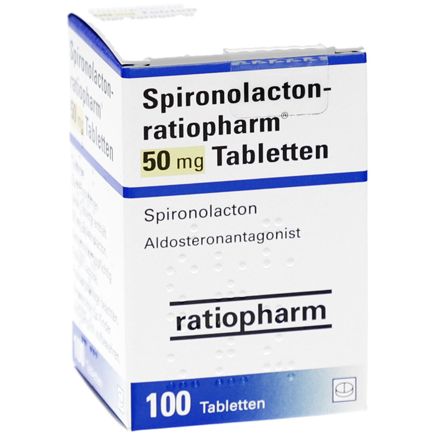 Tablettenschachtel mit Aufschrift 'Spironolacton-ratiopharm 50 mg Tabletten'. Enthält 100 Tabletten. Marke ratiopharm.