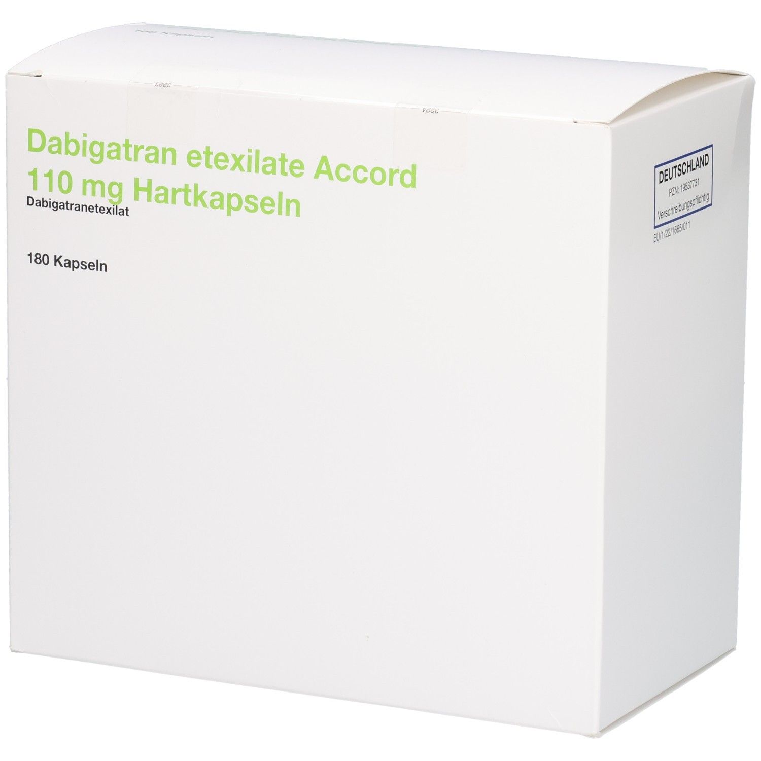 Weiße Faltschachtel mit grüner und schwarzer Beschriftung: Dabigatran etexilate Accord 110 mg Hartkapseln, 180 Kapseln.