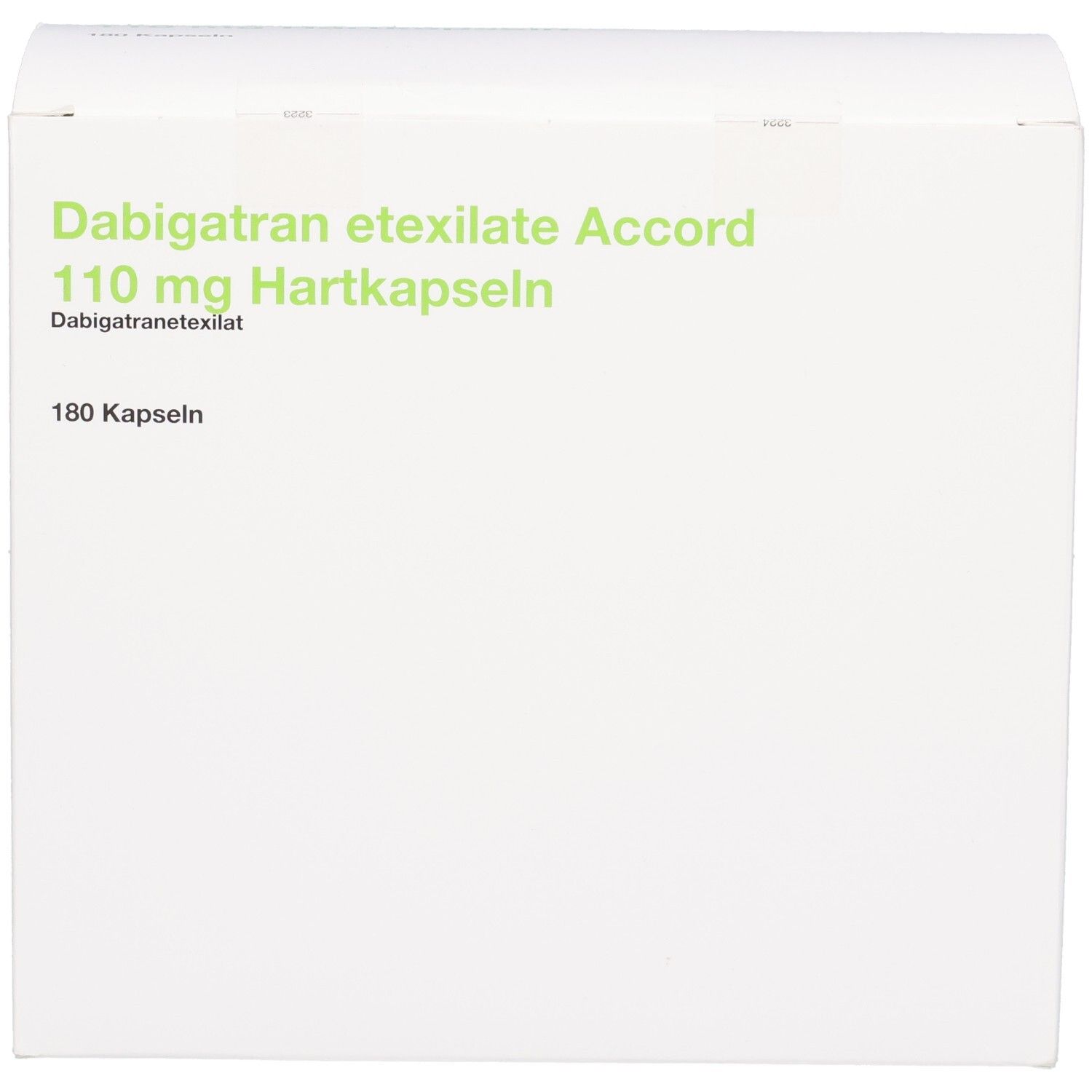 Vorderseite einer weißen Faltschachtel mit grüner und schwarzer Beschriftung: Dabigatran etexilate Accord 110 mg Hartkapseln, 180 Kapseln.