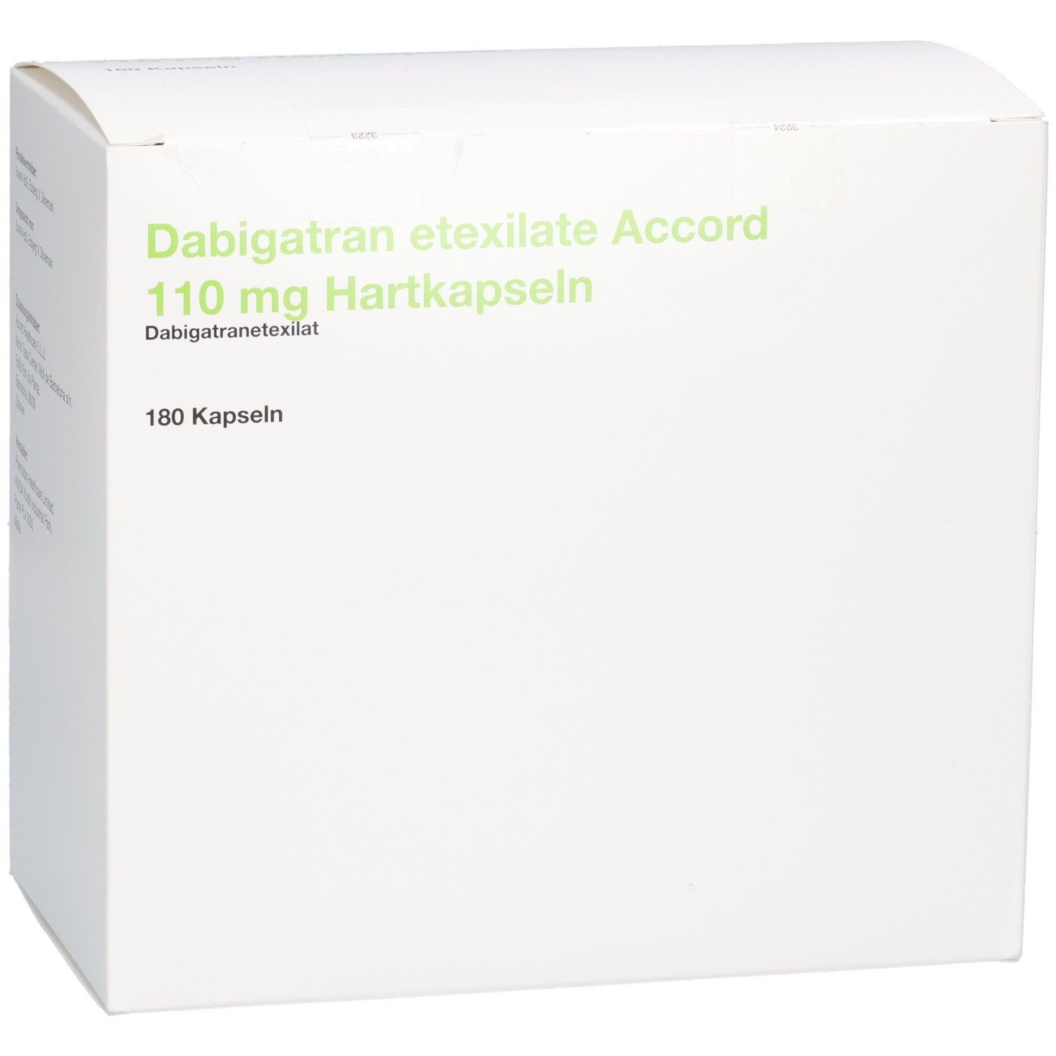 Vorderseite einer weißen Faltschachtel mit grüner und schwarzer Beschriftung: Dabigatran etexilate Accord 110 mg Hartkapseln, 180 Kapseln.