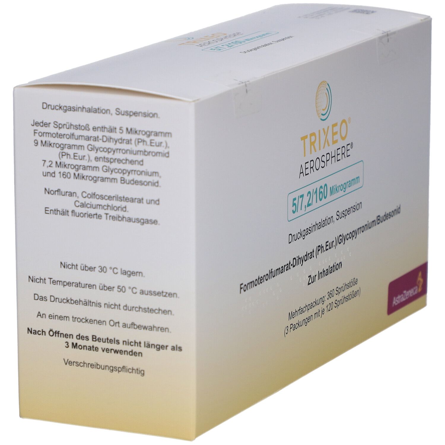 Weiße Verpackung mit Produktinformationen. Aufschrift: TRIXEO Aerosphere 5/7,2/160 Mikrogramm. Text und AstraZeneca-Logo.