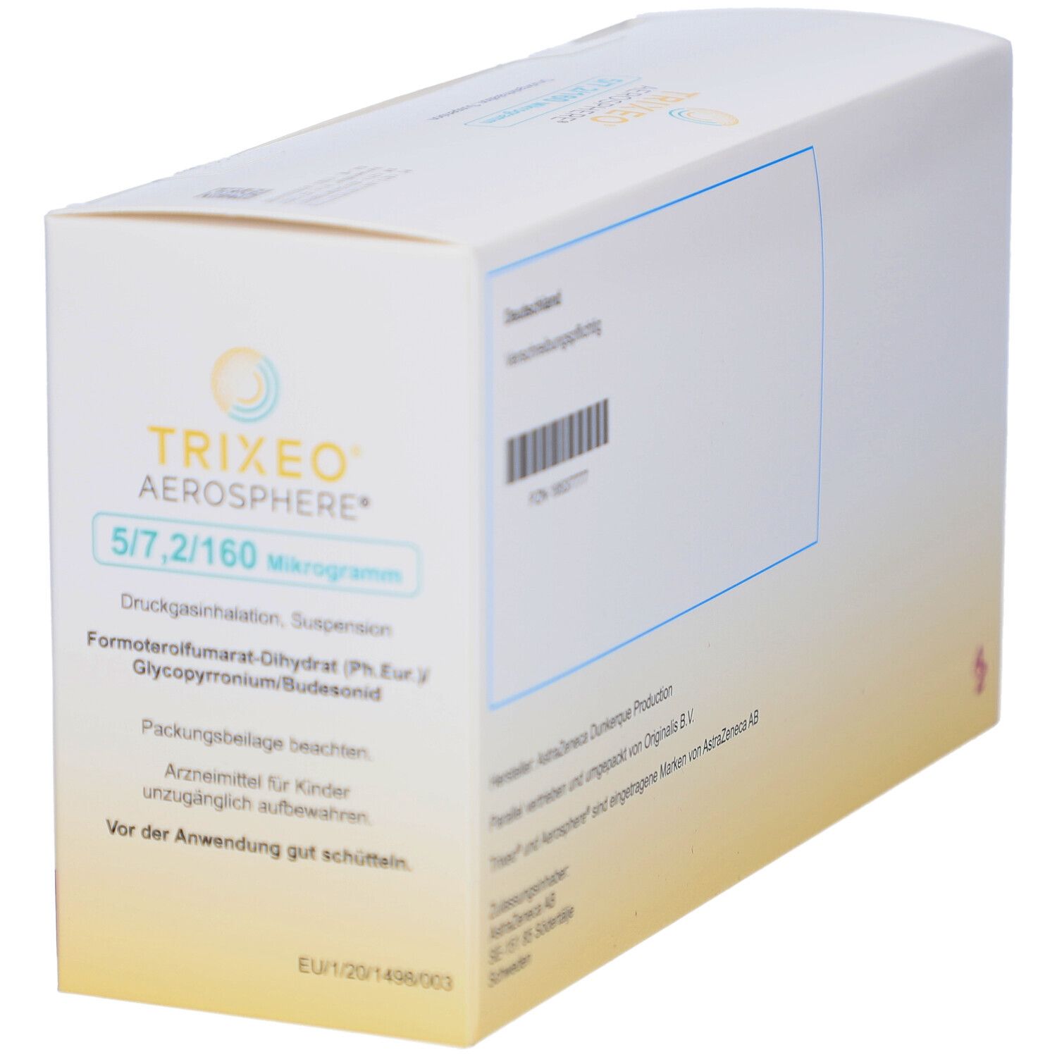 Weiße Verpackung mit Produktinformationen. Aufschrift: TRIXEO Aerosphere 5/7,2/160 Mikrogramm. Text und Barcode.