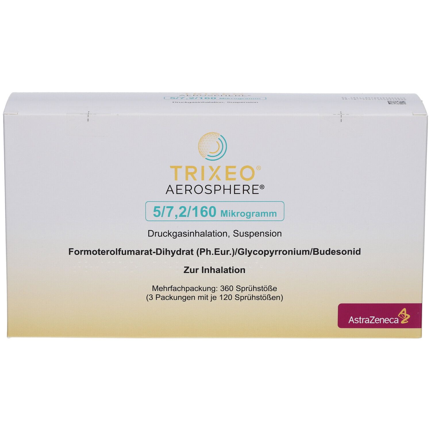Weiße Verpackung mit Produktinformationen. Aufschrift: TRIXEO Aerosphere 5/7,2/160 Mikrogramm. AstraZeneca-Logo.