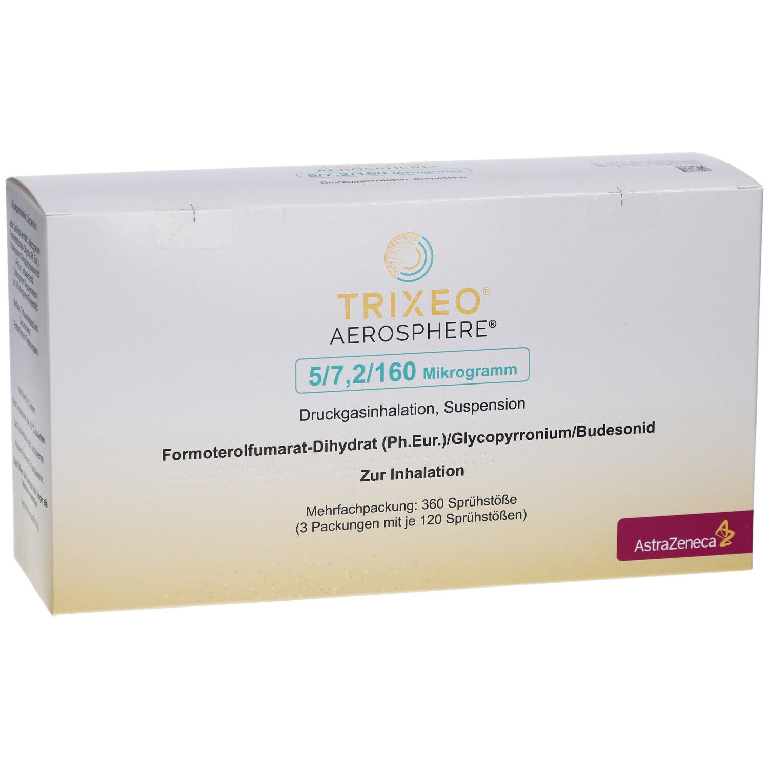 Weiße Verpackung mit Produktinformationen. Aufschrift: TRIXEO Aerosphere 5/7,2/160 Mikrogramm. AstraZeneca-Logo.