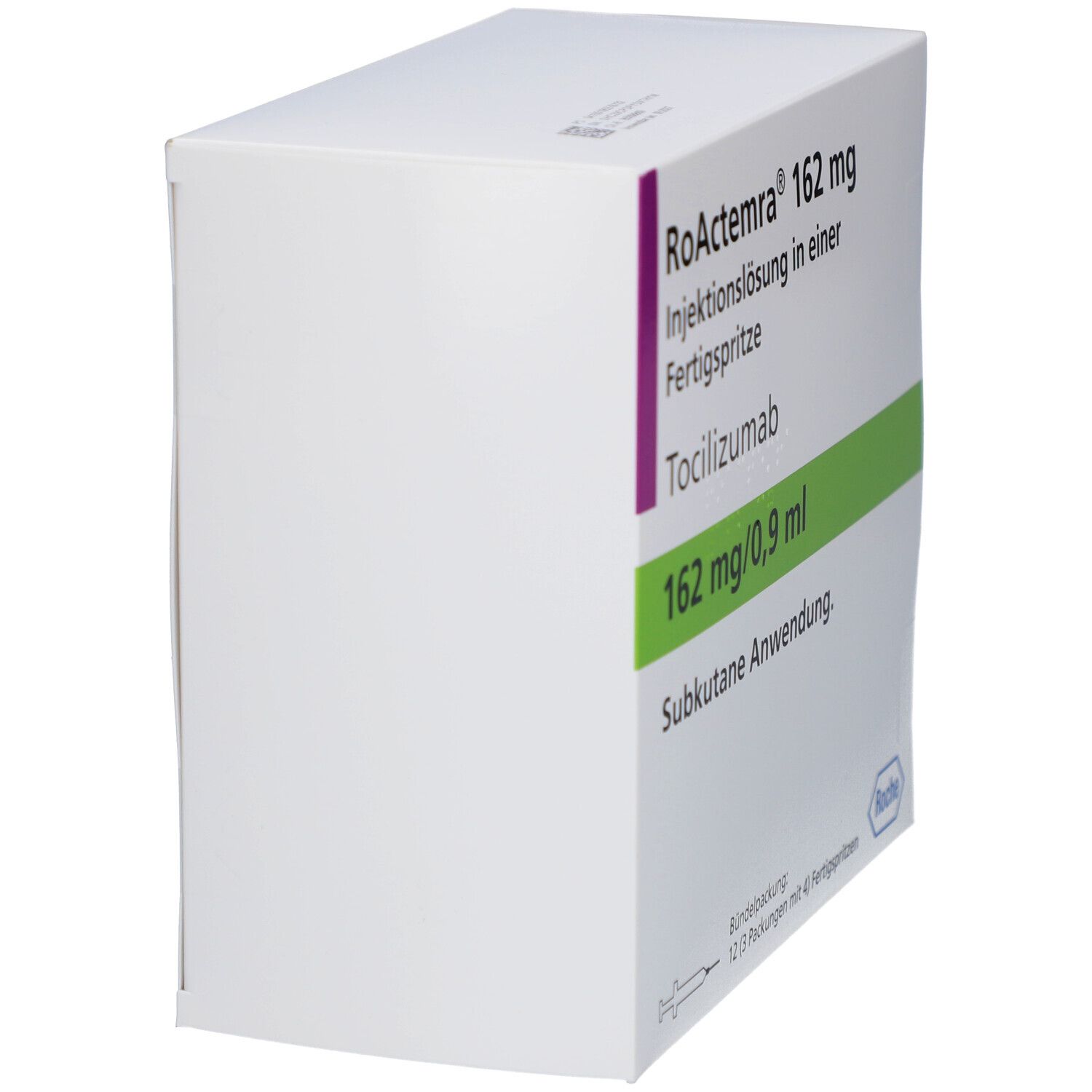 Verpackung von RoActemra 162 mg Injektionslösung. Weiß mit lila und grün. Text: Tocilizumab, 162 mg/0,9 ml, subkutane Anwendung.