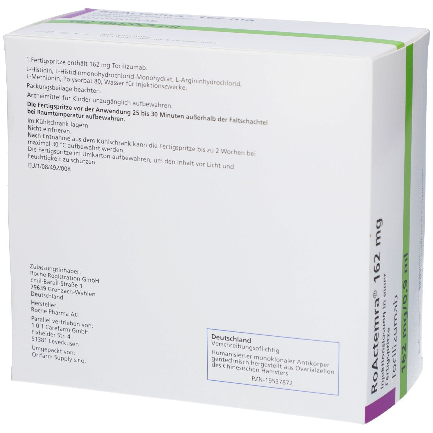 Rückseite der RoActemra 162 mg Verpackung. Enthält Informationen zu Inhaltsstoffen und Lagerung. Text: Tocilizumab, 162 mg/0,9 ml.