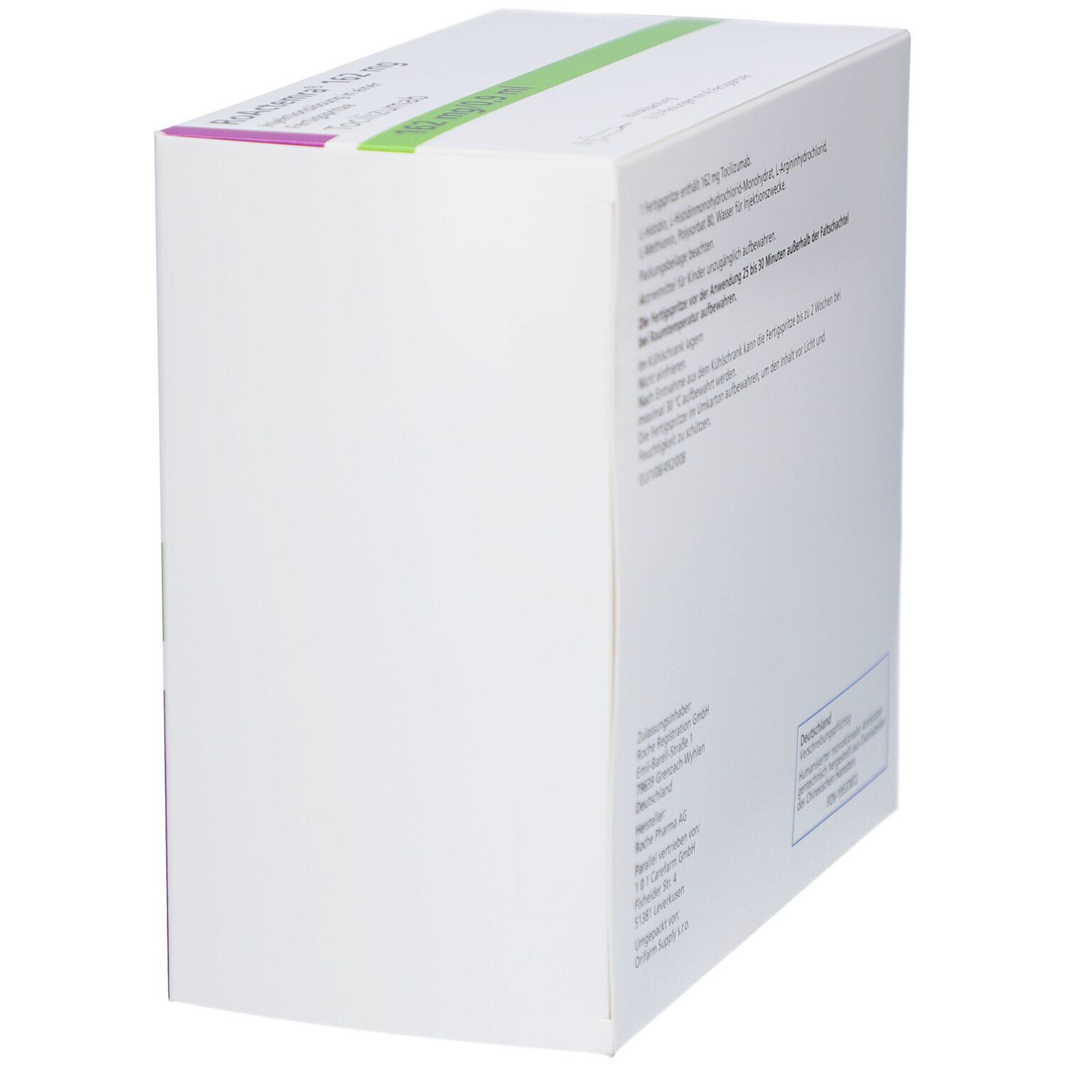 Seitenansicht der RoActemra 162 mg Verpackung. Weiß mit Text. Text: Tocilizumab, 162 mg/0,9 ml.