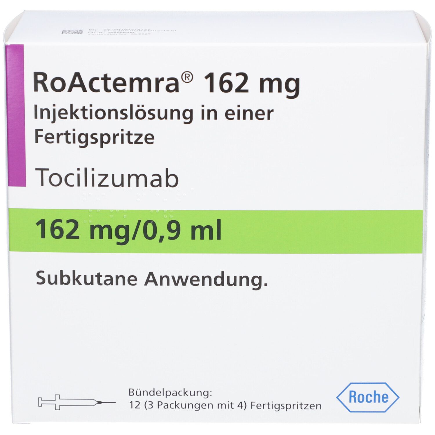 Verpackung von RoActemra 162 mg Injektionslösung. Text: Tocilizumab, 162 mg/0,9 ml, subkutane Anwendung. Roche Logo.