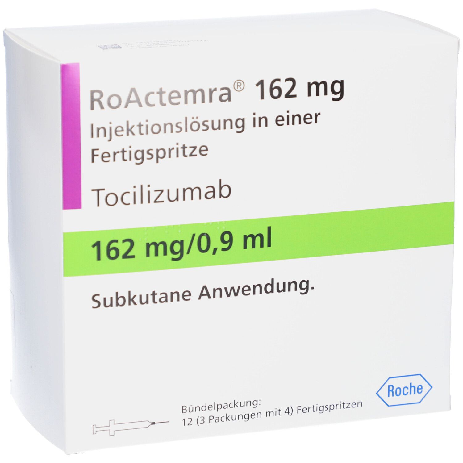 Verpackung von RoActemra 162 mg Injektionslösung. Text: Tocilizumab, 162 mg/0,9 ml, subkutane Anwendung. Roche Logo.