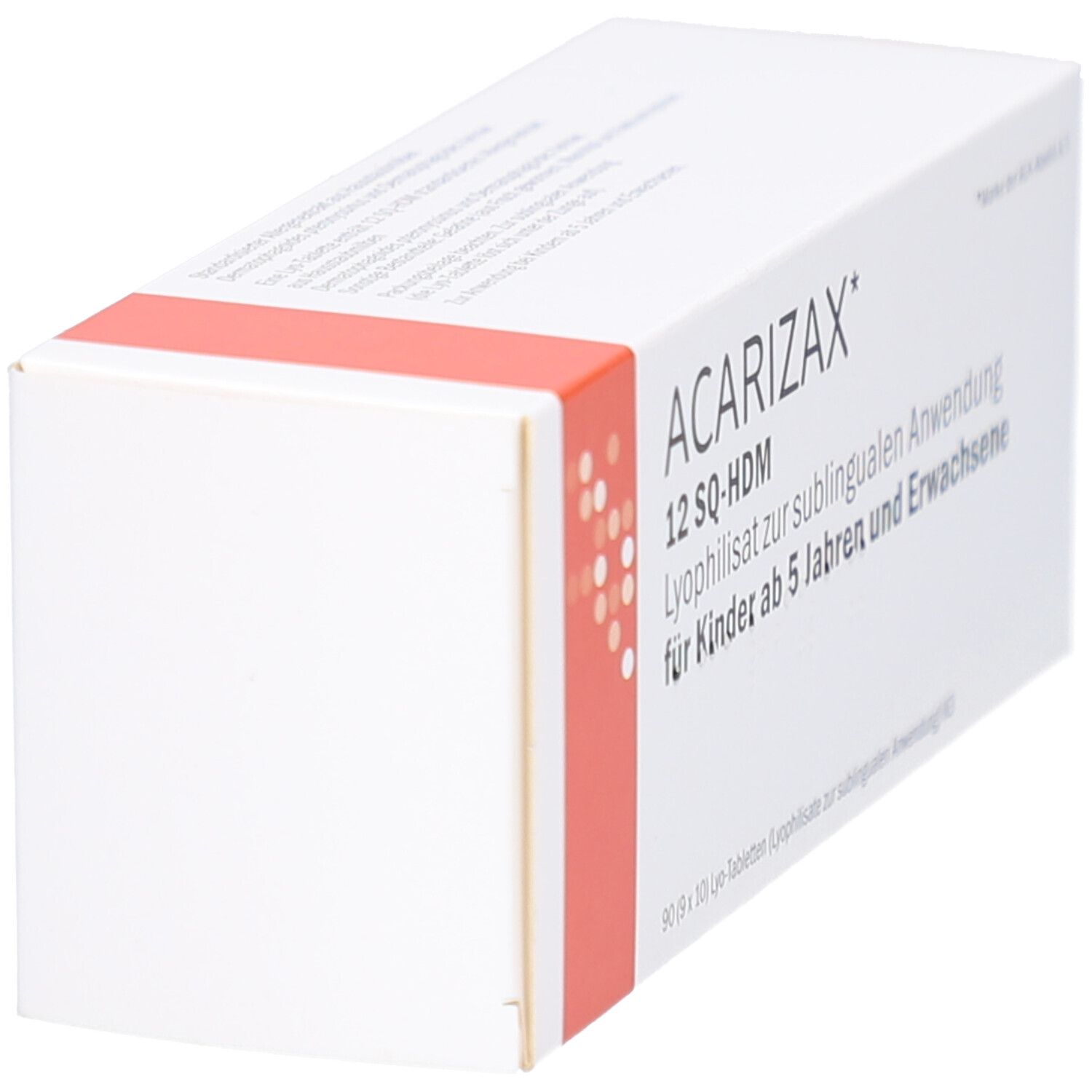 Weiße Faltschachtel mit rotem Akzent. Aufschrift: ACARIZAX 12 SQ-HDM, Lyophilisat zur sublingualen Anwendung. Für Kinder ab 5 Jahren und Erwachsene.