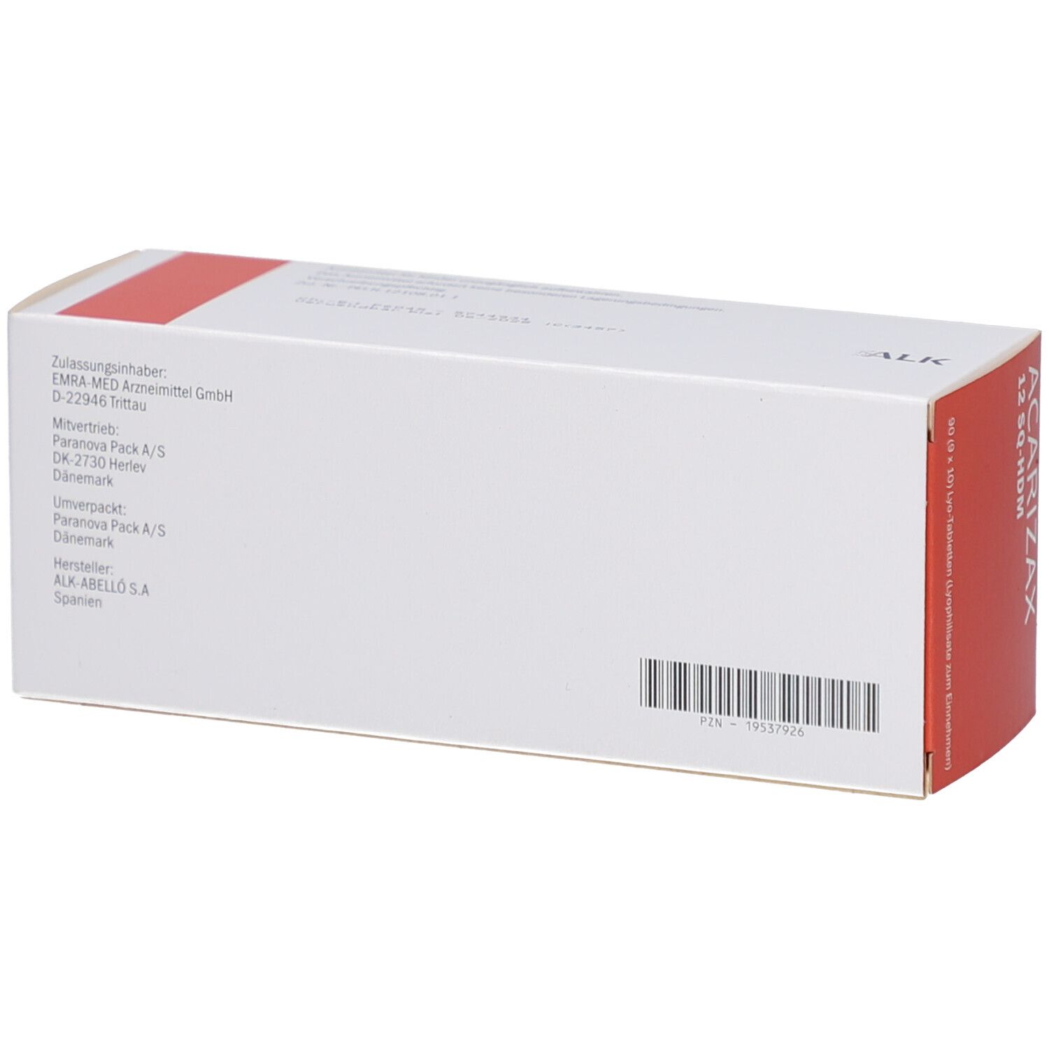 Weiße Faltschachtel mit rotem Akzent. Aufschrift: ACARIZAX 12 SQ-HDM. Barcode und Herstellerinformationen.