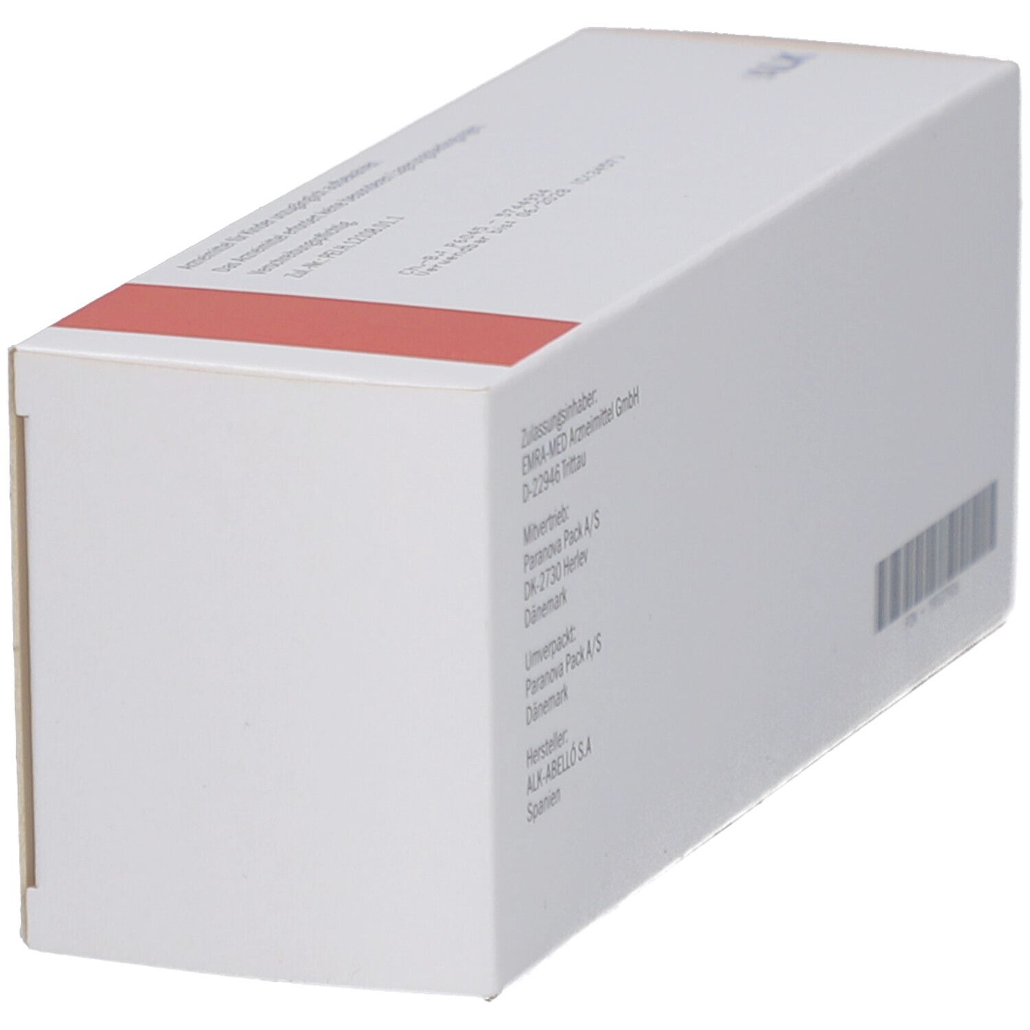 Weiße Faltschachtel mit rotem Akzent. Barcode und Herstellerinformationen.