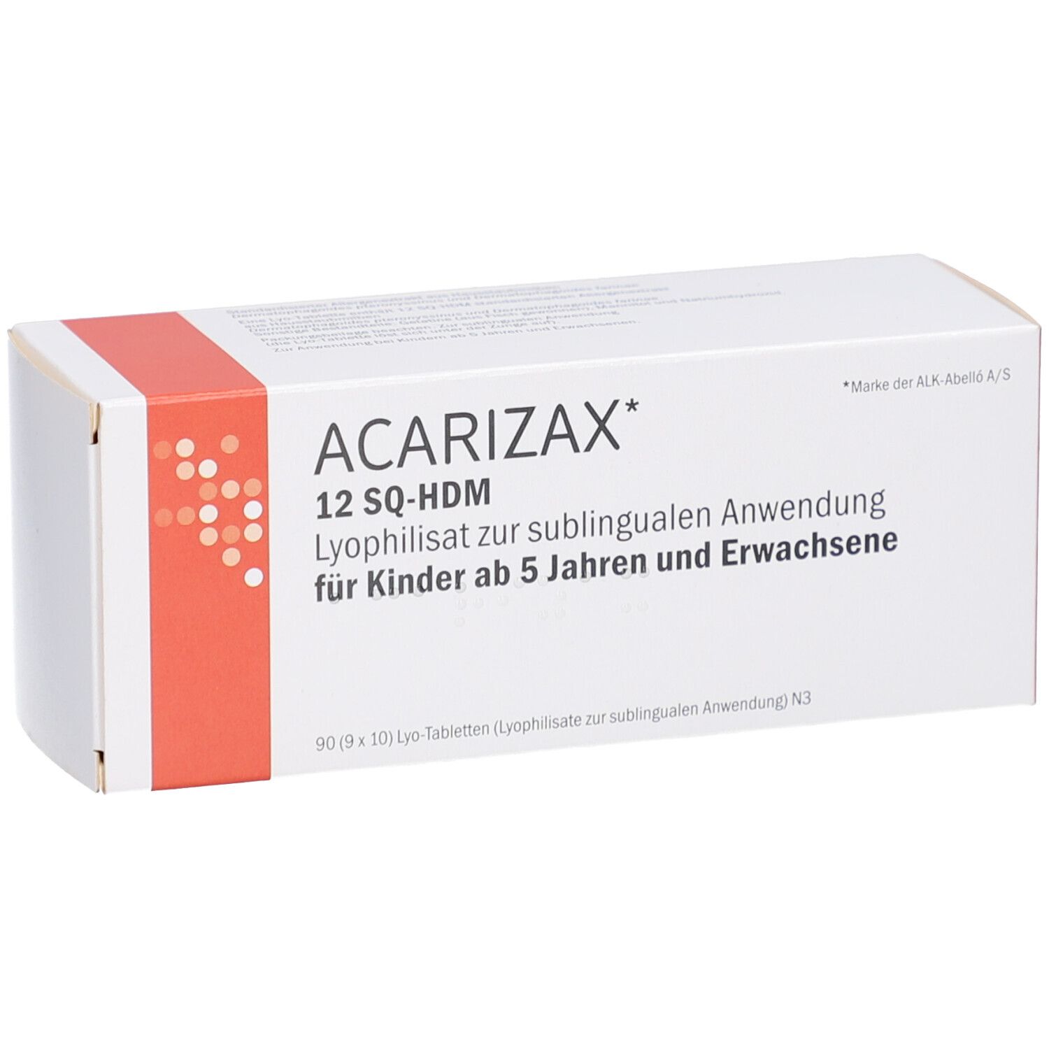 Weiße rechteckige Faltschachtel mit rotem Akzent. Aufschrift: ACARIZAX 12 SQ-HDM, Lyophilisat zur sublingualen Anwendung. Für Kinder ab 5 Jahren und Erwachsene.