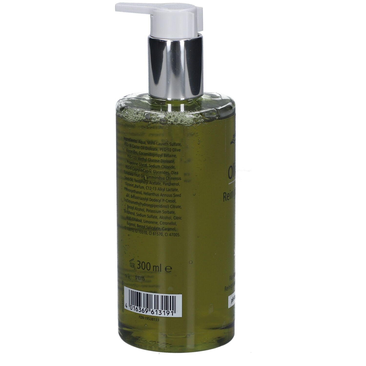 Rückseite der grünen Flüssigseife. Text mit Inhaltsstoffen und Herstellerinformationen. 300 ml. Barcode.