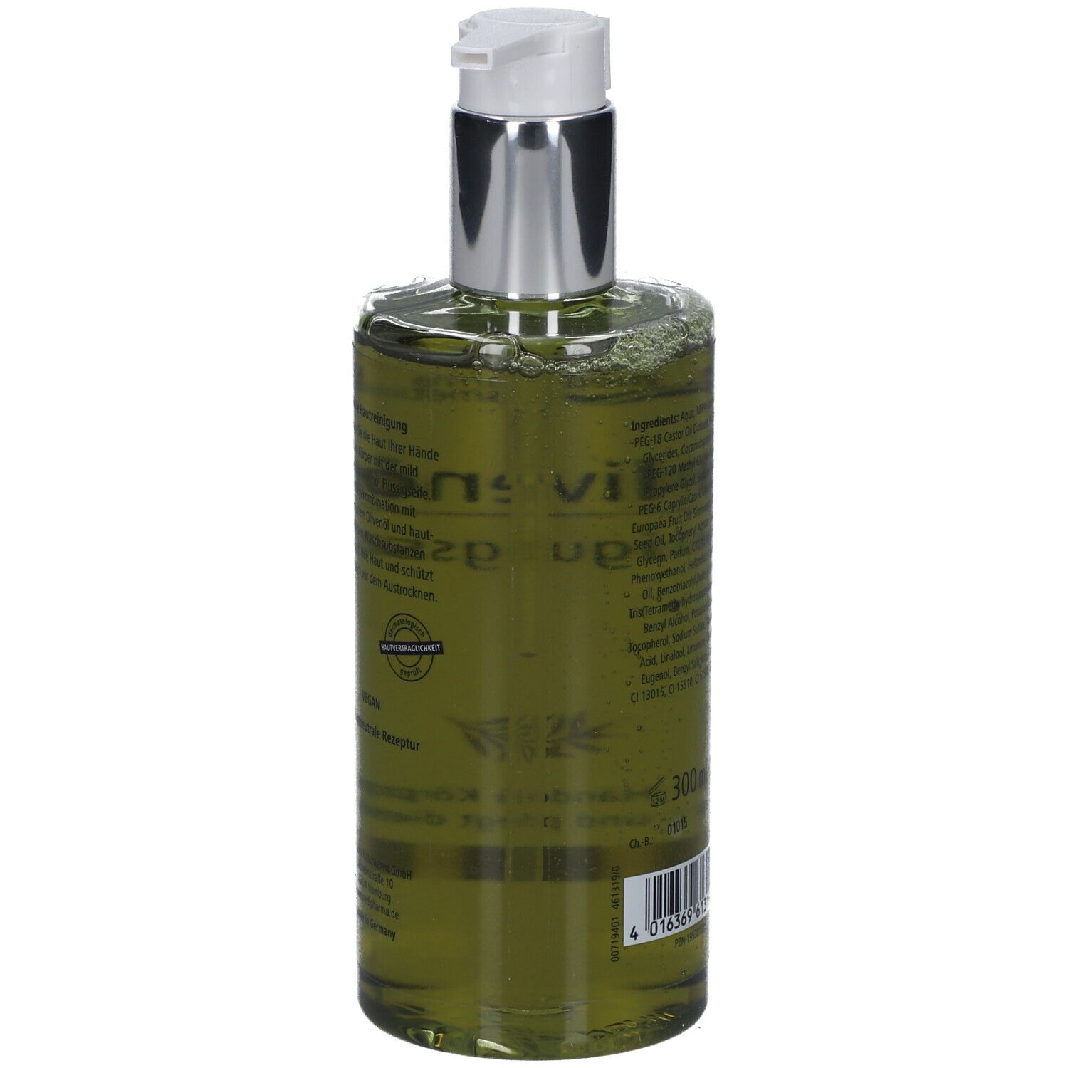 Rückseite der grünen Flüssigseife. Text mit Inhaltsstoffen und Herstellerinformationen. 300 ml. Barcode.